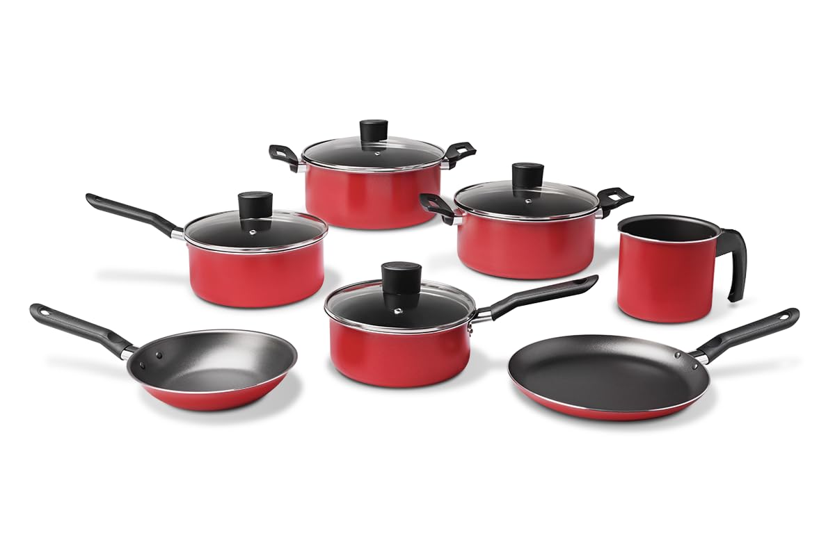 Brinox 7-Piece Nonstick Cookware Set with Glass Lids - Red Garlic Design, Perfect for Sautéing, Frying & Everyday Cooking