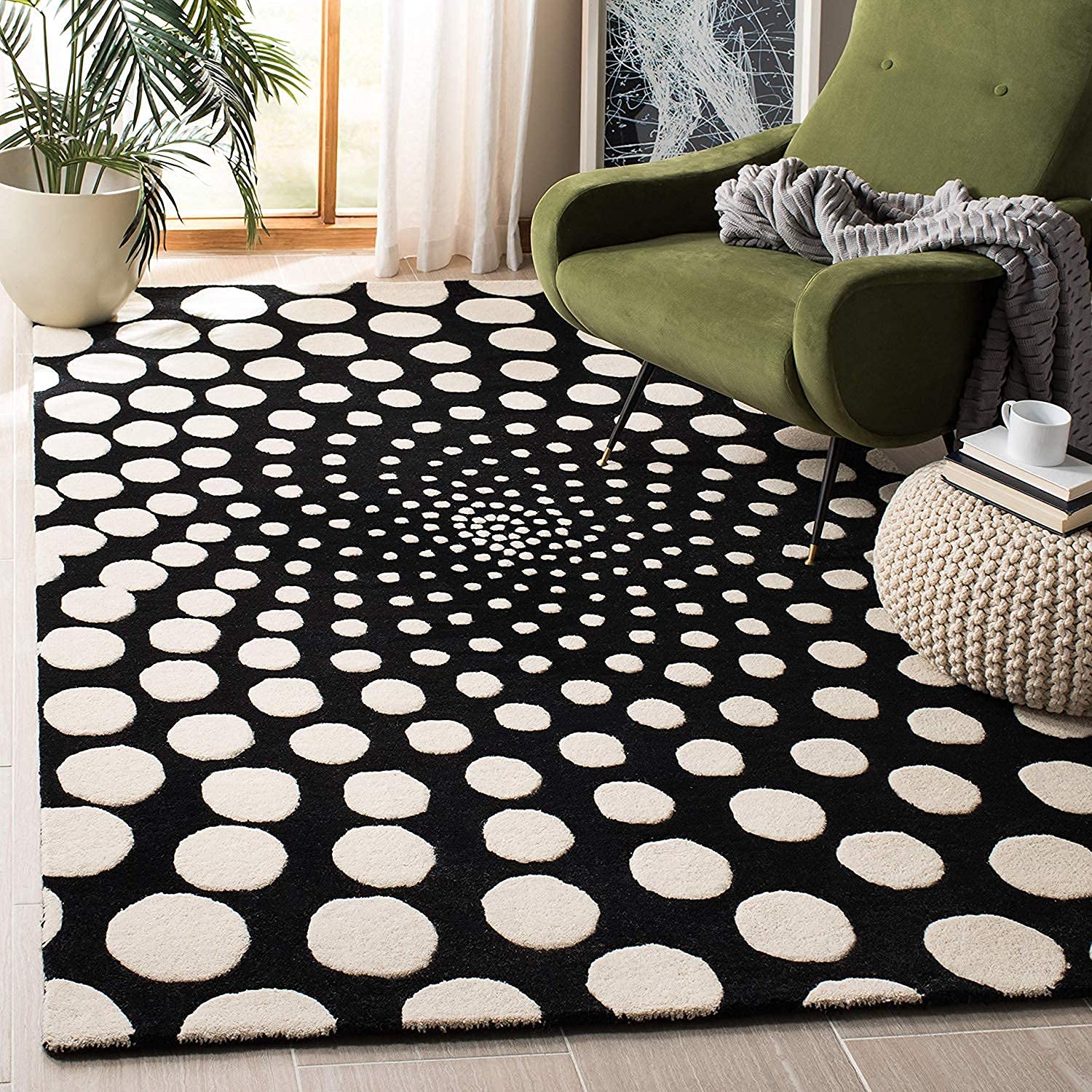 Handmade Tufted Wool Carpet - Modern Bright Future Design for Living Room, Bedroom & Guest Room - Soft White/Black Area Rug (2'6