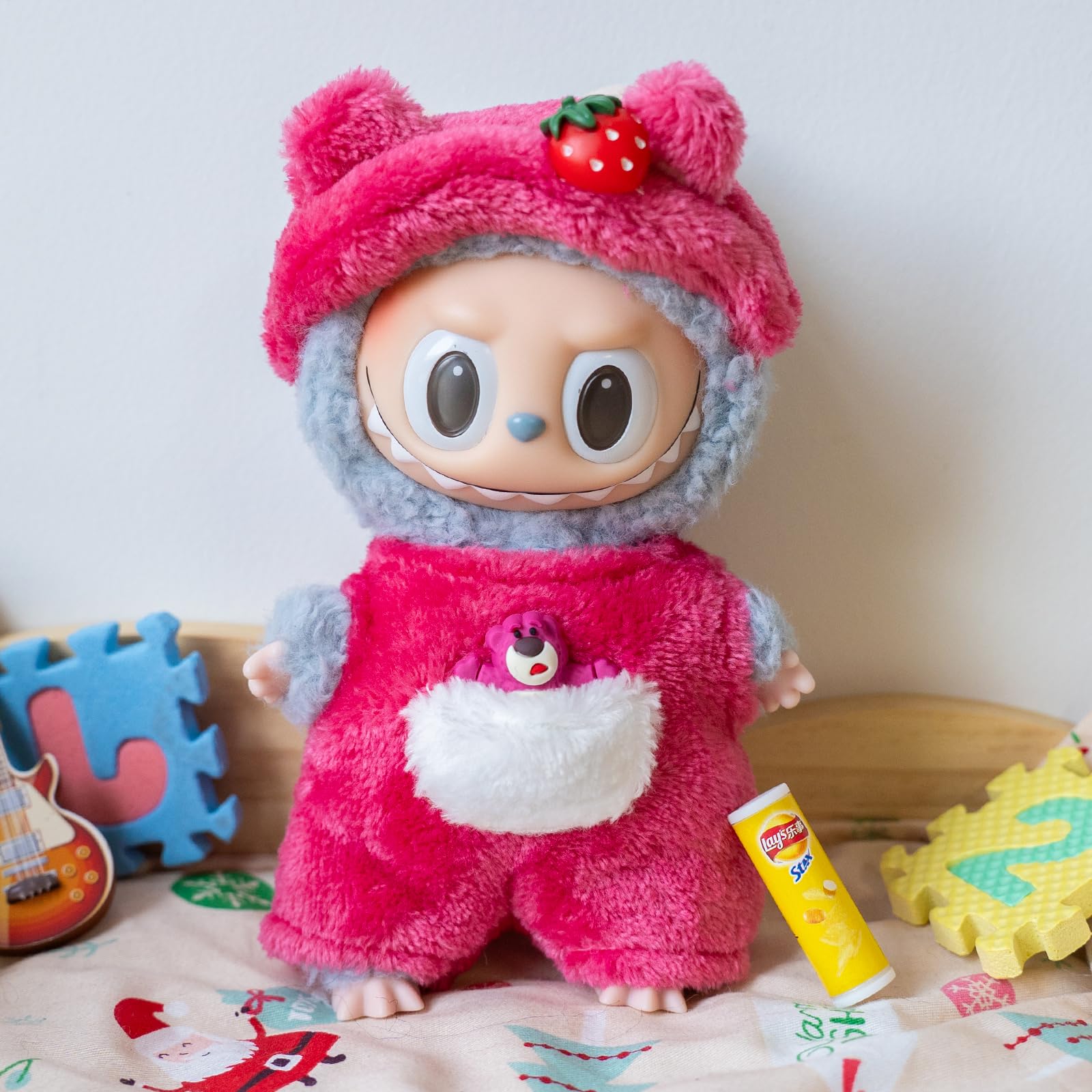 CALEMBOU Plush Doll Clothes for 17cm Labubu - Cute Cartoon Animal Series Outfit, Kawaii Strawberry Bear Costume (Clothes Only) | Perfect Birthday Gift & Collectible Doll Accessories for Display & Play