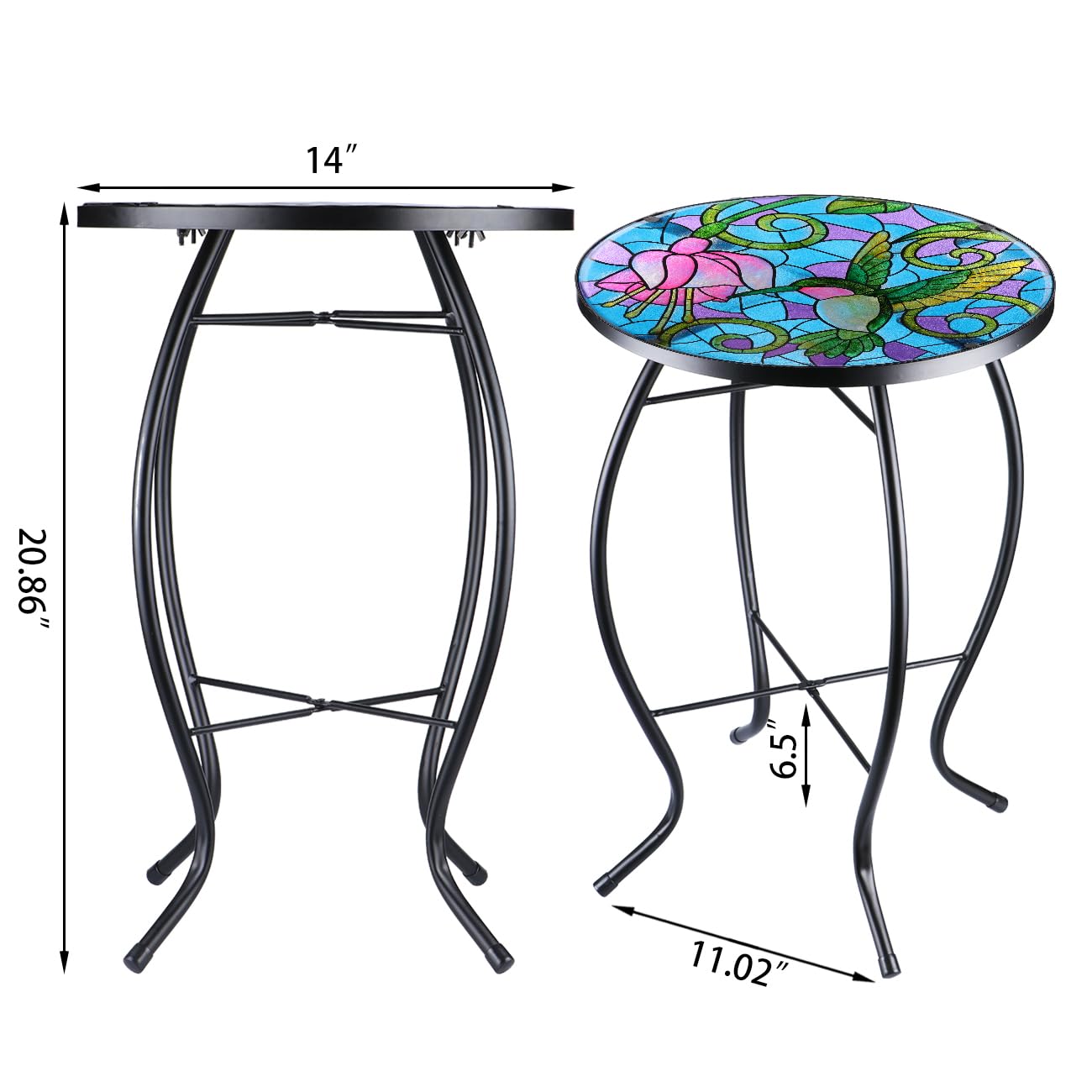 VCUTEKA Round Glass Mosaic Patio Side Table - Outdoor Accent Coffee Table with Hummingbird Design for Balcony, Porch & Indoor Use - Perfect as Plant Stand, Bistro Table or End Table