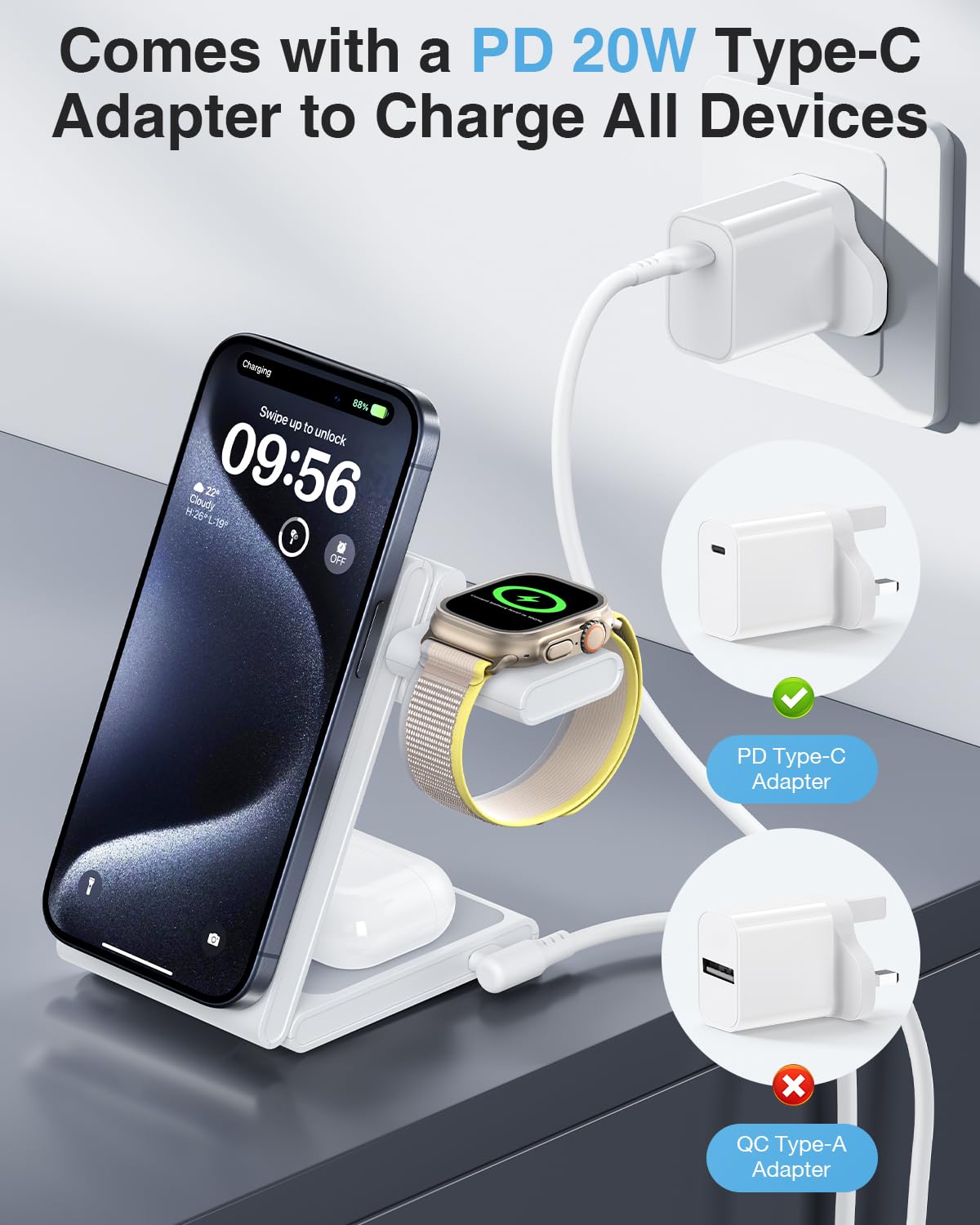Meifigno 3-in-1 Foldable Magnetic Wireless Charging Station with 20W PD USB-C Adapter | Fast Charging Stand for iPhone 16/15/14/13/12 Pro/Max, Apple Watch Series 9/8/7/SE, AirPods Pro/3/2 | Perfect for Home, Office & Travel | Space Gray