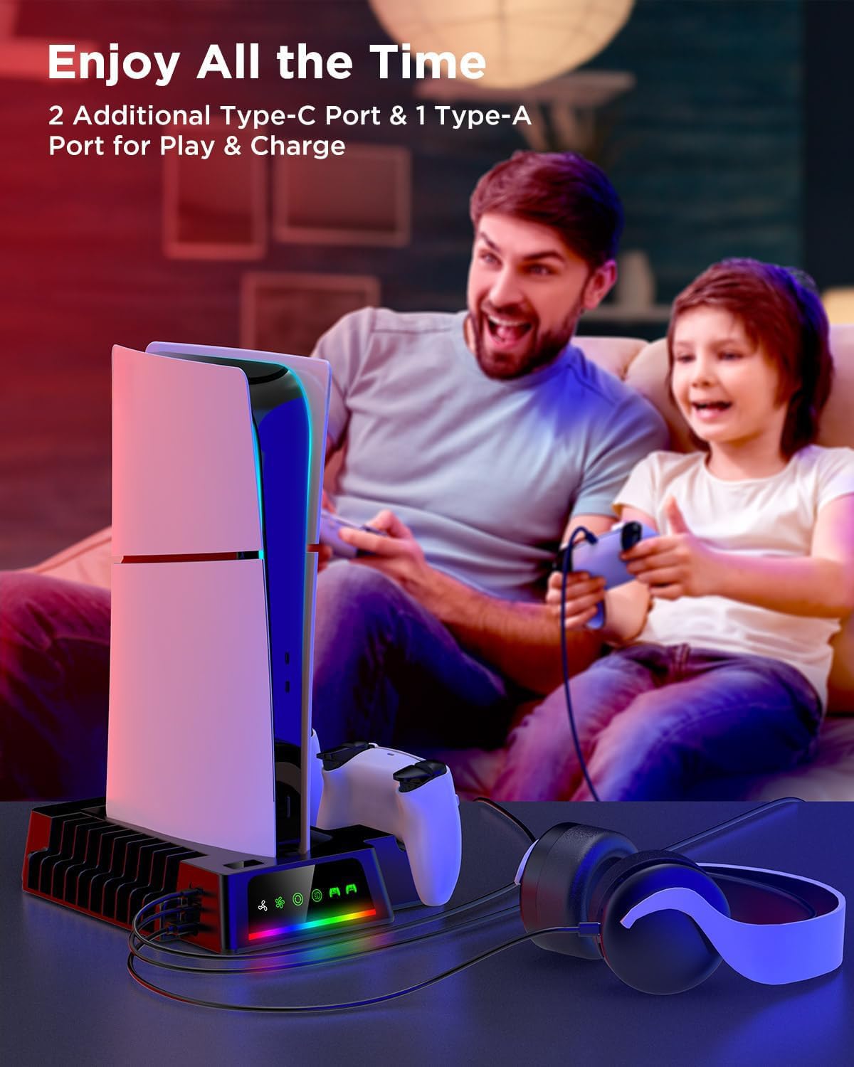 YOGES PS5 Slim Cooling Station with Temperature Sensor & Dual Controller Charger - 2H Fast Charging Stand for PlayStation 5 Slim | Cooling Fan & Accessories (Black) - Perfect for Gaming Sessions & Controller Organization