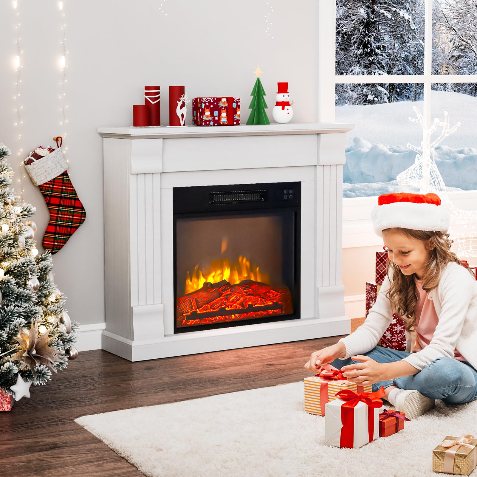 ROVSUN 32 Inch Freestanding Electric Fireplace Heater with Remote Control - Adjustable Temperature, Timer & Realistic Flame - 1400W Indoor Fireplace for Living Room, Bedroom & Home Decor (Perfect for Winter Heating & Cozy Ambiance)