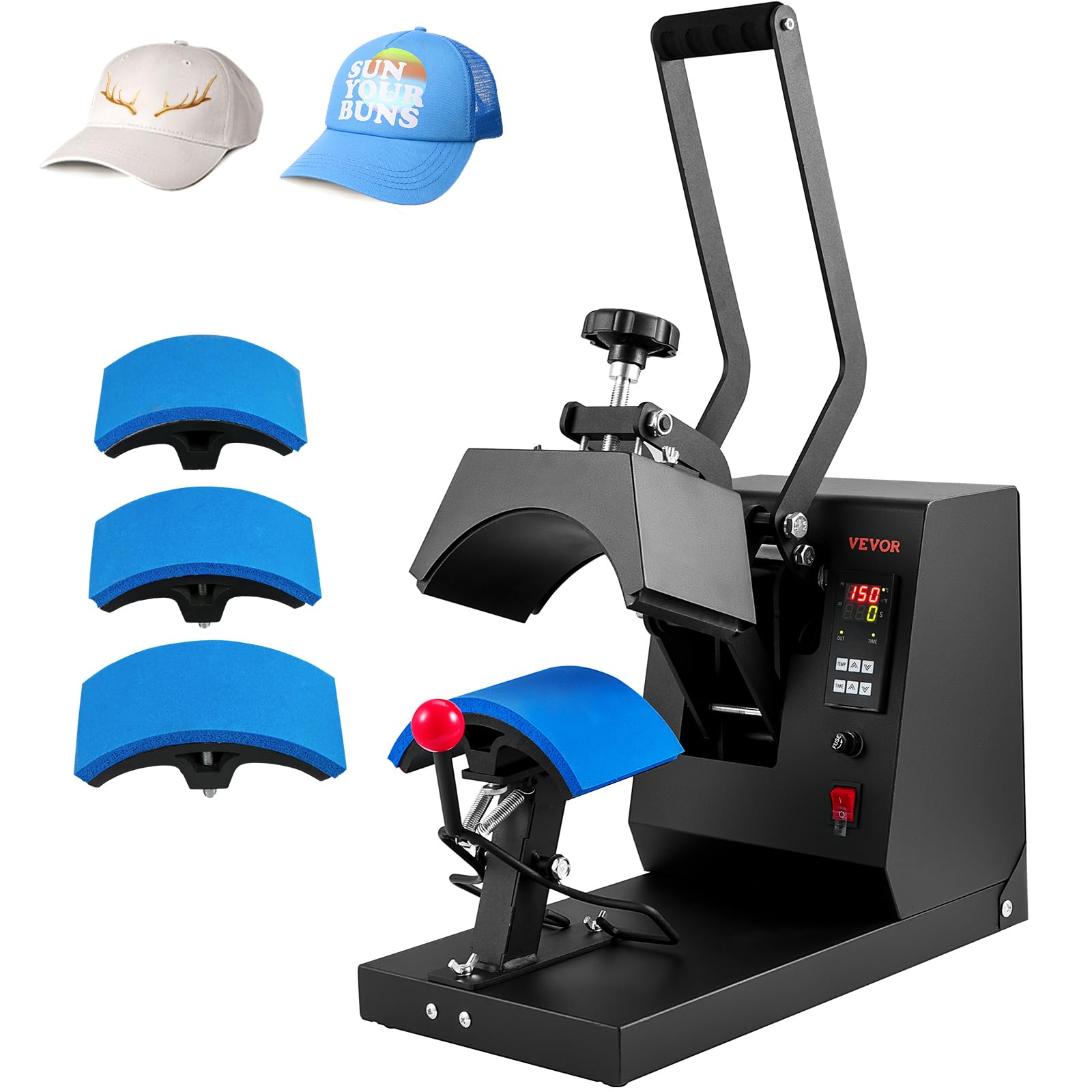 VEVOR 4-in-1 Hat Heat Press Machine with LCD Digital Control - 6x3inches Heating Platen for Sublimation Transfer on Hats & Caps - Includes 4 Replaceable Heating Pads (6x3/6.7x2.7/6.7x3.8/8.1x3.5) - Perfect for Custom Hat Printing, DIY Crafts & Small Business Apparel Decoration