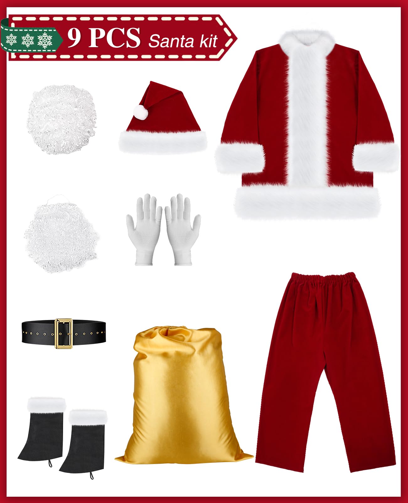 VeMee Santa Claus Costupme for Men - Premium Adult Santa Suit with Jacket, Pants & Belt - Christmas Party Outfit for Holiday Events, Office Parties & Family Gatherings