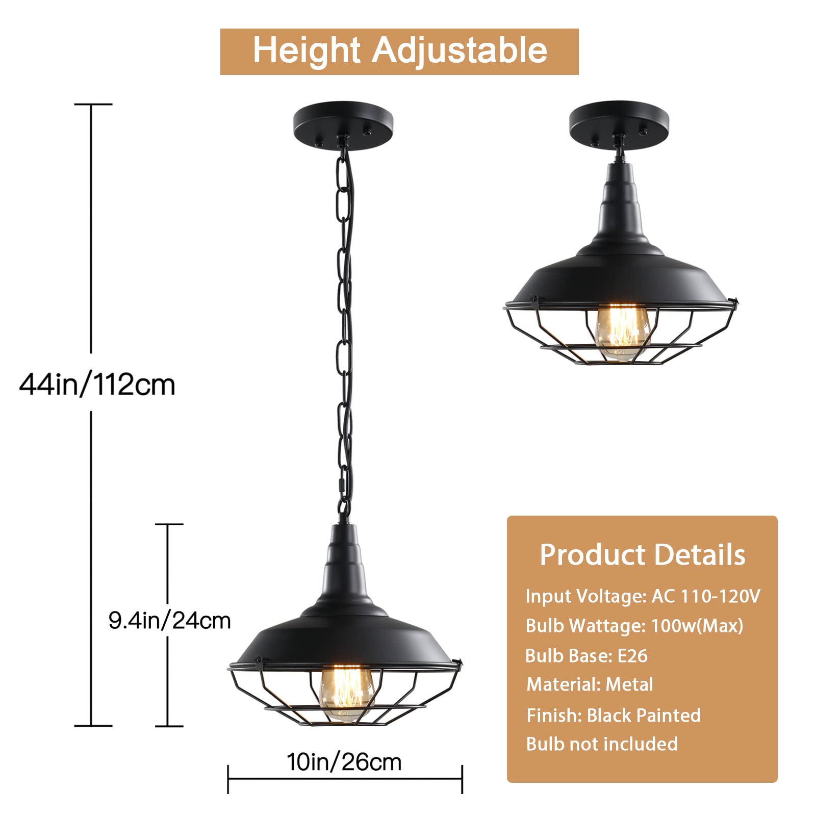 2 Pack Industrial Farmhouse Pendant Lights - Adjustable Chain, 10.2