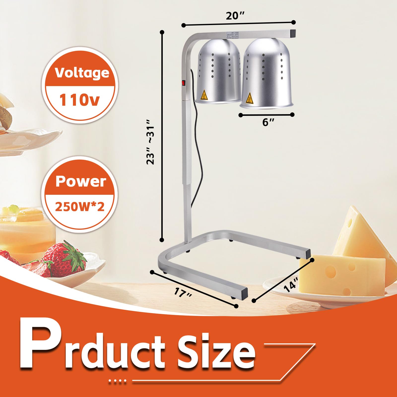 Commercial Electric Food Warmer Heat Lamp - 500W Silver Freestanding Two-Bulb Food Heat Light for Restaurants, Buffets, Catering & Outdoor Parties - Perfect for Keeping Dishes Warm at Events, Banquets and Food Service Stations