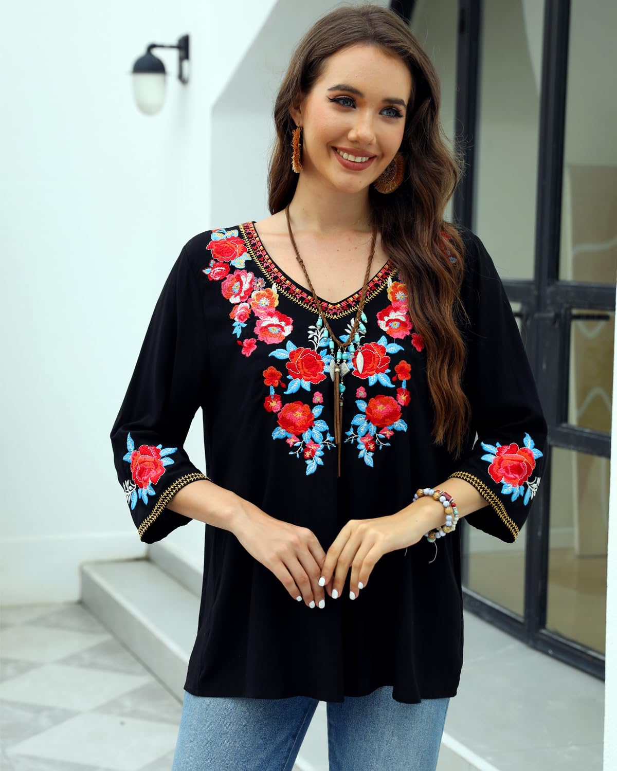 AK Women's Boho Embroidered Tops 3/4 Sleeve Mexican Peasant Shirts Bohemian Loose Tunic Blouses - Perfect for Summer Festivals, Beach Vacations & Casual Boho Chic Outfits