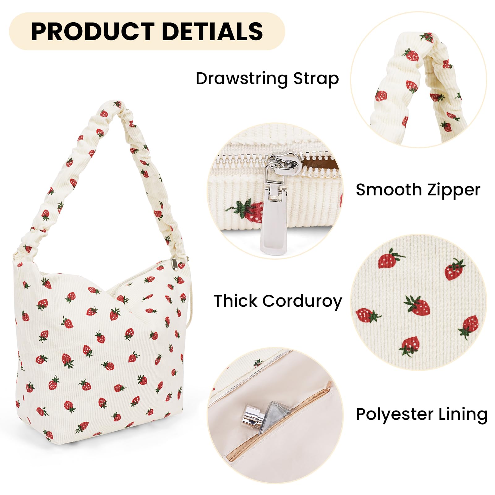 Strawberry Print Corduroy Tote Bag for Women - Cute Zippered Shoulder Purse, Aesthetic Hobo Bag | Perfect for Work, Shopping & Daily Use
