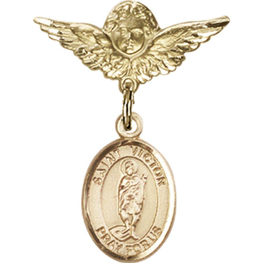 Gold Filled St. Victor of Marseilles & Angel Wing Charm Baby Badge Pin - 1 X 3/4 Inch Religious Jewelry for Baptism, Christening & First Communion Gifts