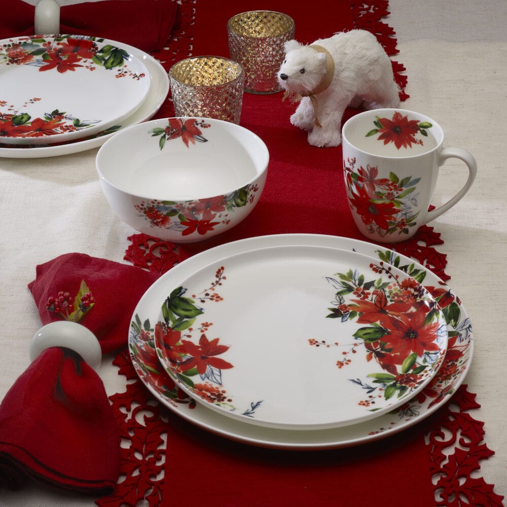 16-Piece Winter Poinsettia Dinnerware Set - Service for 4 | Elegant Holiday Tableware for Christmas Dinner & Festive Gatherings