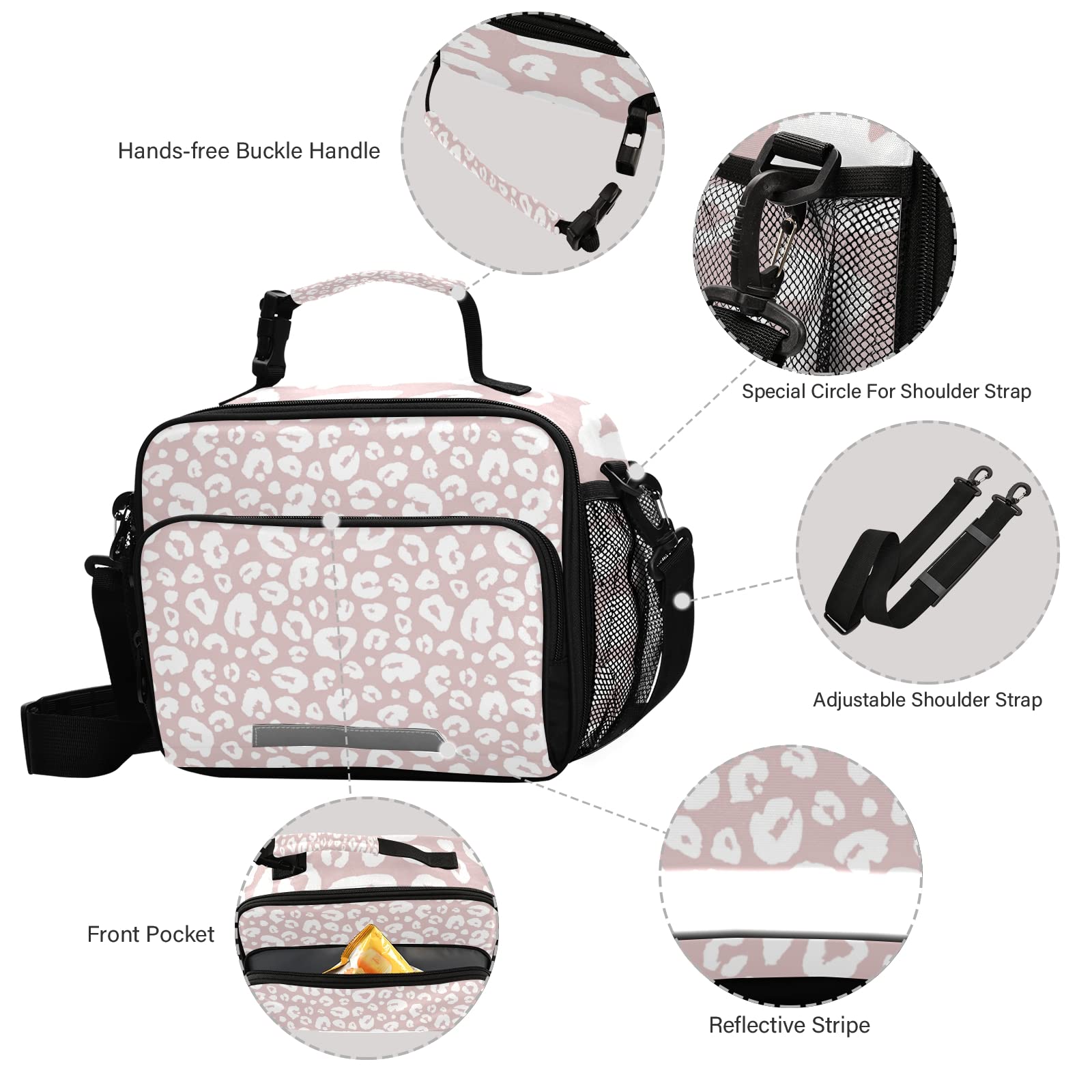 Qilmy Insulated Lunch Bag - Pink Leopard Cooler Tote with Removable Shoulder Strap | Leakproof Thermal Lunch Box for Women & Kids | Perfect for School, Office, Picnic, Travel & Outdoor Activities