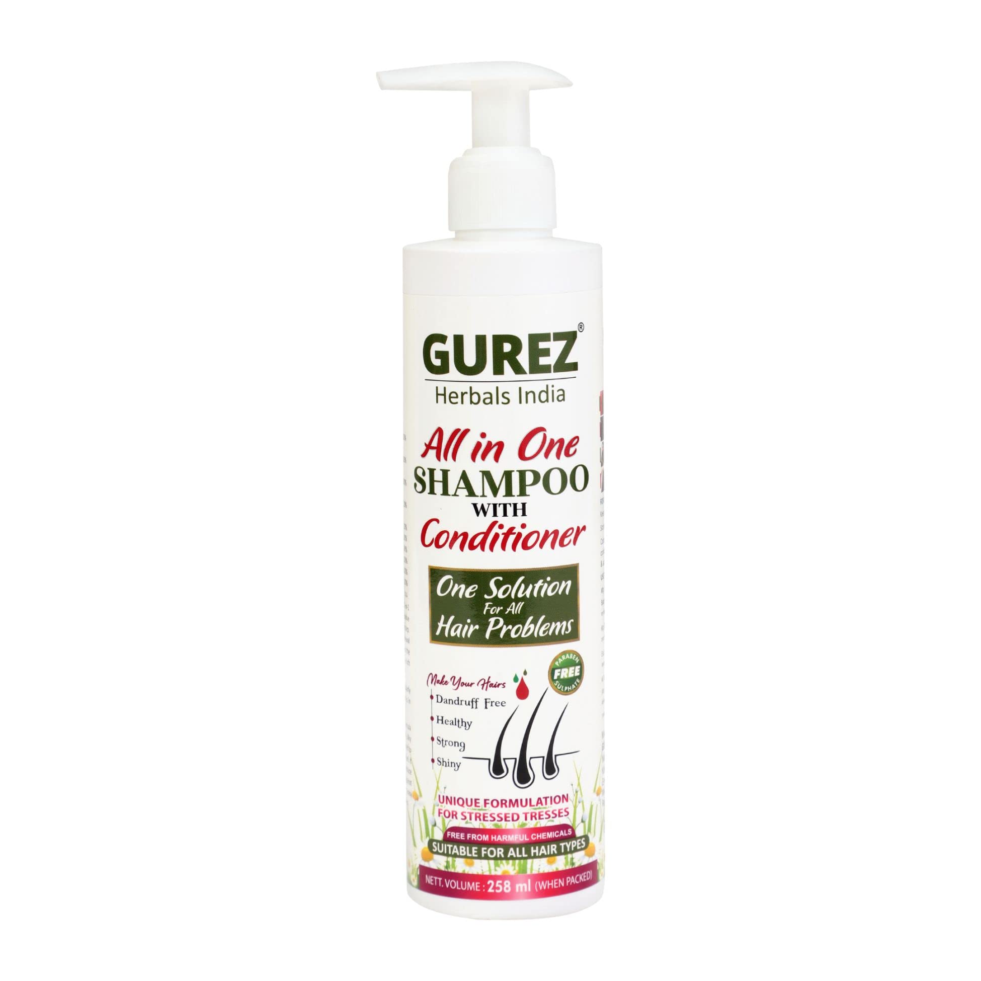 Gurez All-in-One Shampoo & Conditioner 258ml - Anti-Dandruff Treatment for Healthy, Strong & Shiny Hair - Hair Repair Solution for Men & Women - Pack of 1 | Perfect for Daily Use, Travel & Damaged Hair Care