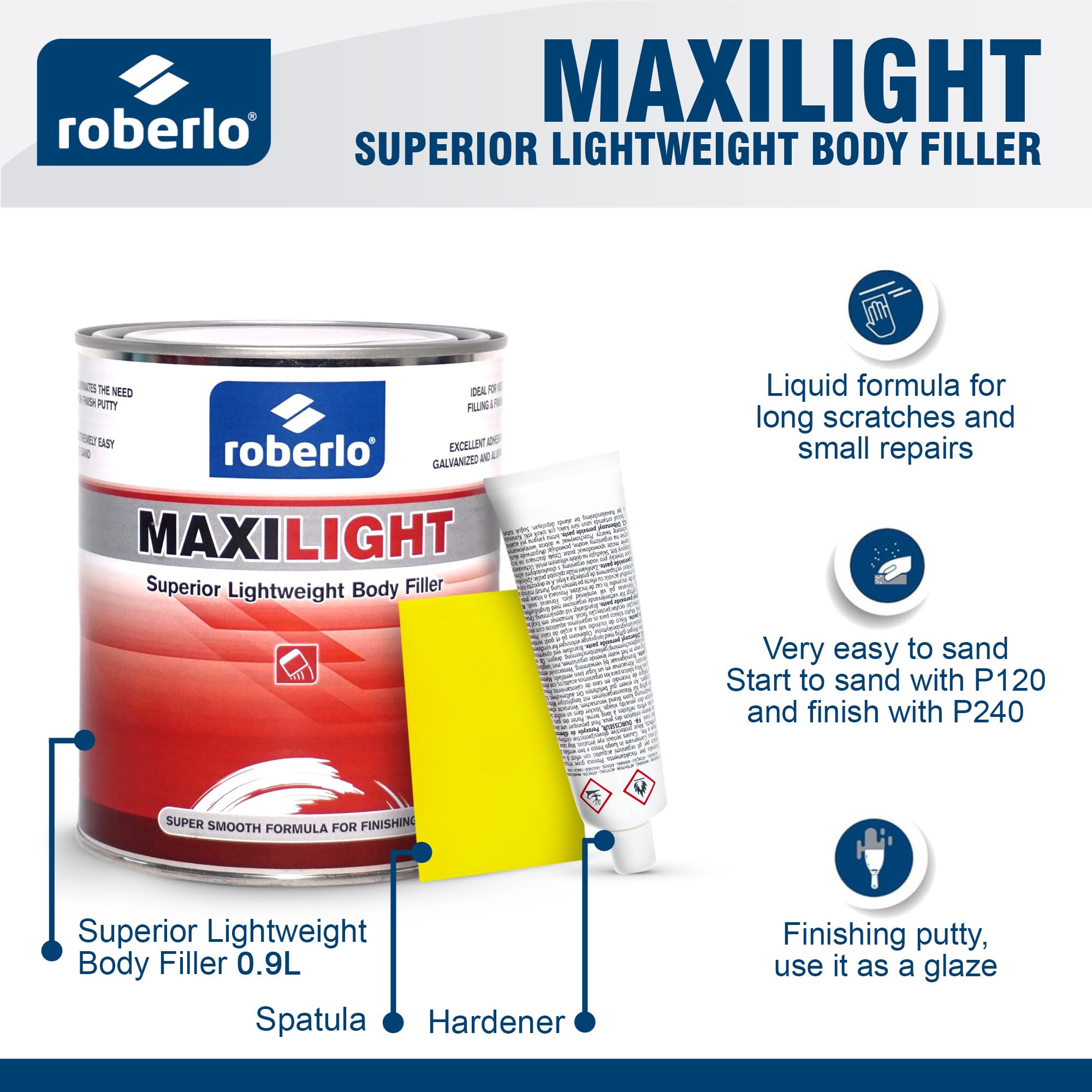 Maxilight Auto Body Filler 0.9L (32oz) - Professional Car Body Repair Kit with Paintable Seam Sealer, Hardener & Spot Remover - Perfect for Dent Repair, Rust Fix & Metal Restoration - DIY Auto Body Work & Professional Garage Use