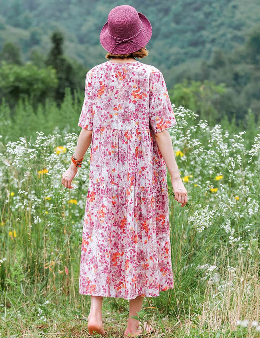 Women's Casual Loose Bohemian Floral Maxi Dress with Pockets - Short Sleeve Summer Beach Swing Dress for Vacation, Outdoor Parties & Boho Fashion