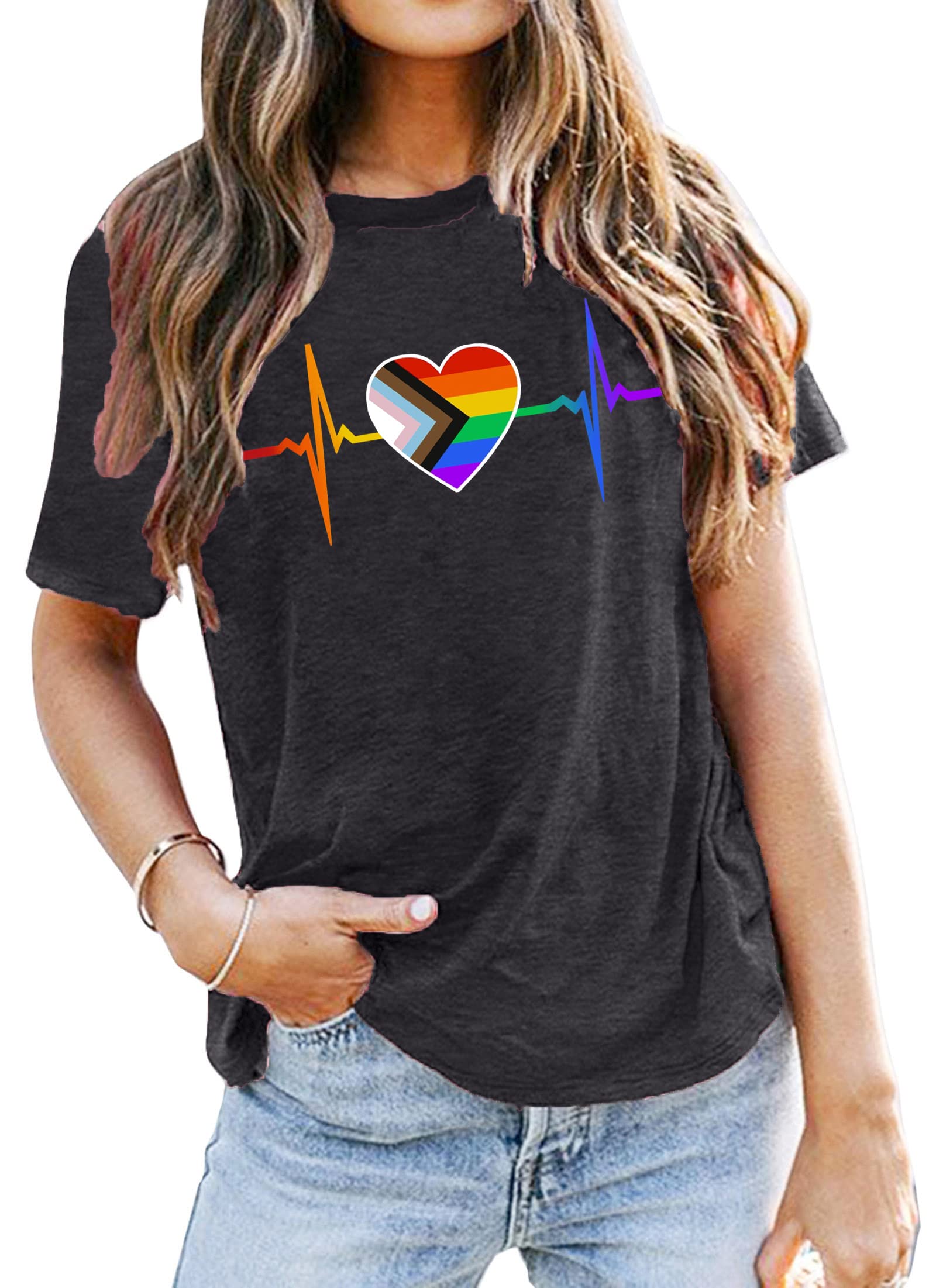 Pride T-Shirts for Women - Rainbow Heart Graphic Tee | LGBT Casual Short Sleeve Top for Everyday Wear & Pride Events