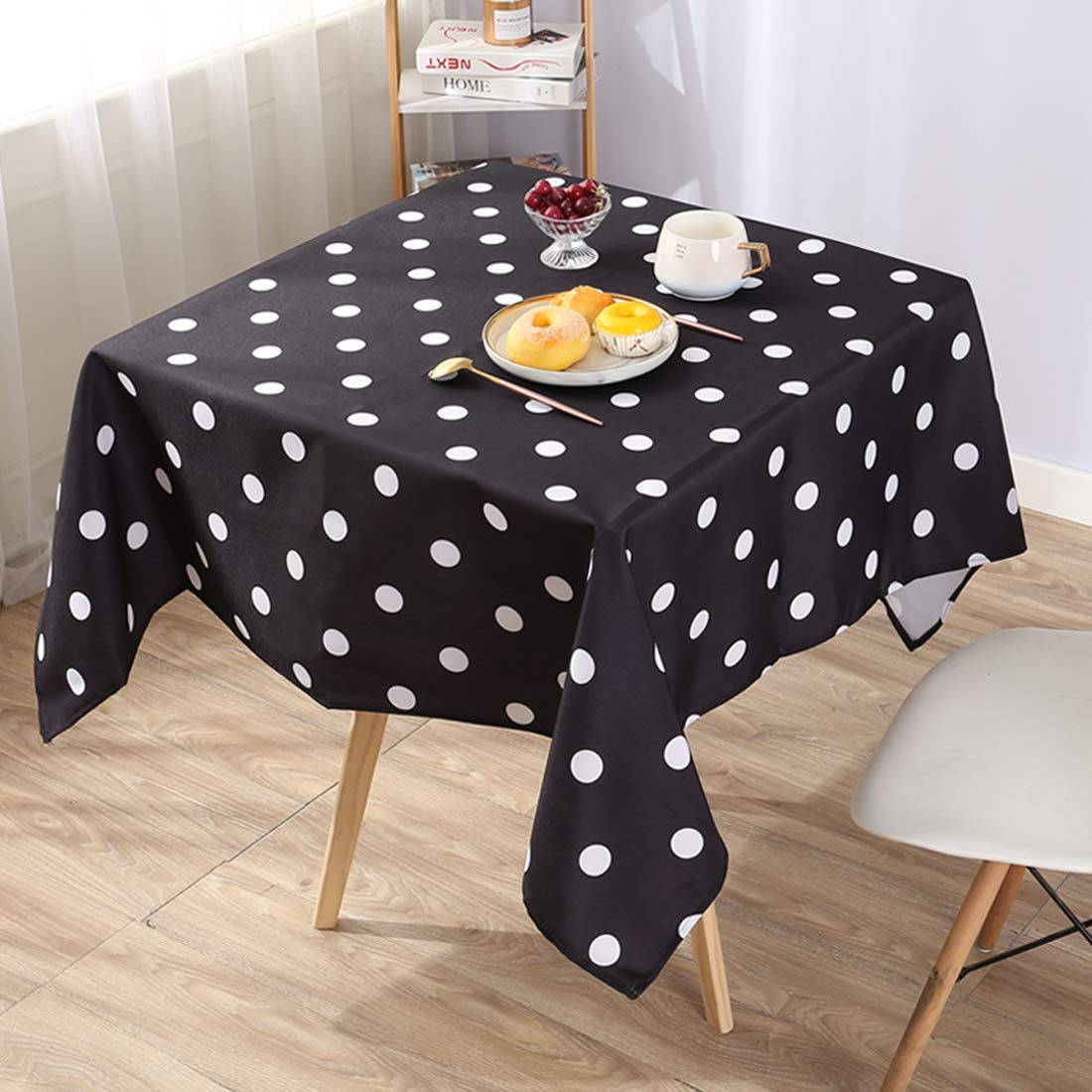 52x52 Inch Waterproof Polyester Square Tablecloth - Black and White Dots Design for Outdoor Picnic, Patio Dining, and Party Decor