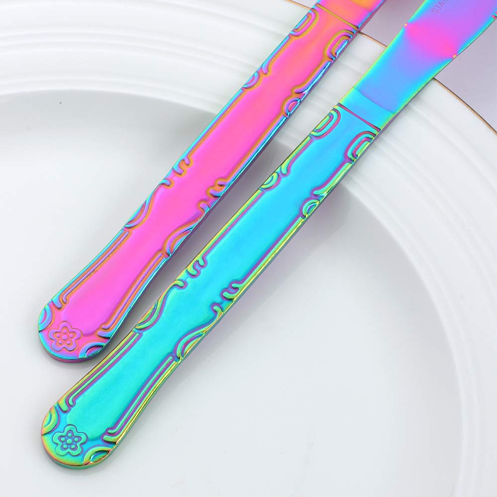 12-Piece Rainbow Stainless Steel Dinner Knives Set - Colorful Titanium Plated Silverware with Flower Edge, 8.6 Inch Multi-Color Flatware for Parties, Weddings & Elegant Dining