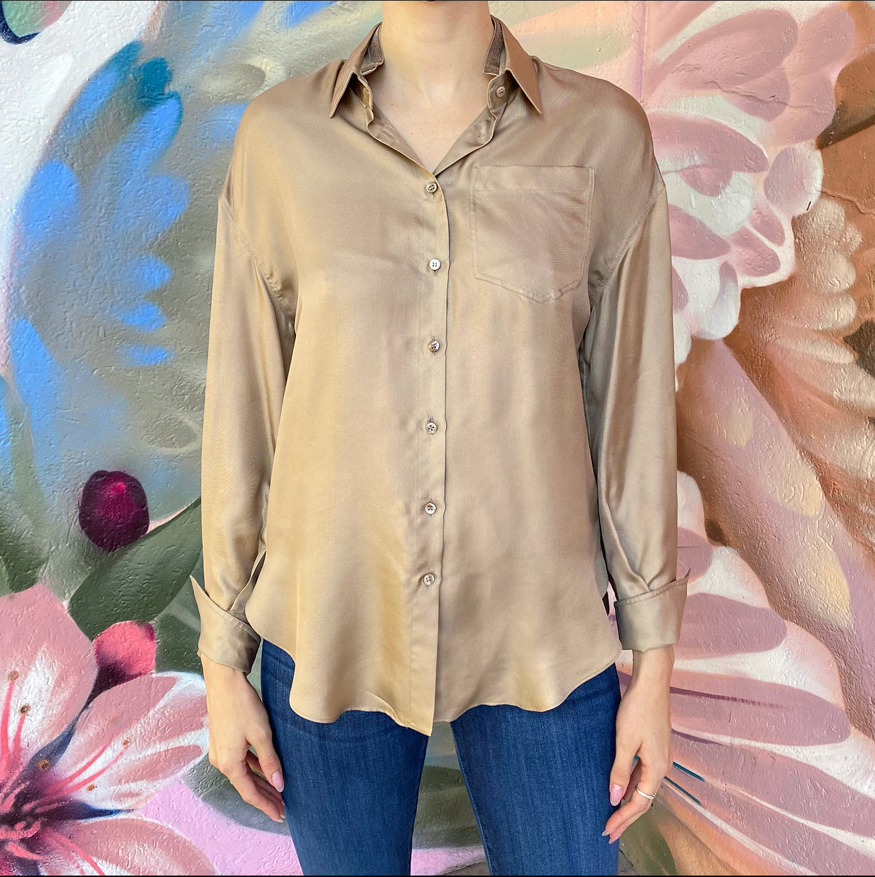 Brunello Cucinelli Light Brown Silk Monili Collar Shirt for Women - XS Size | Elegant Silk Blouse for Office, Party & Special Occasions