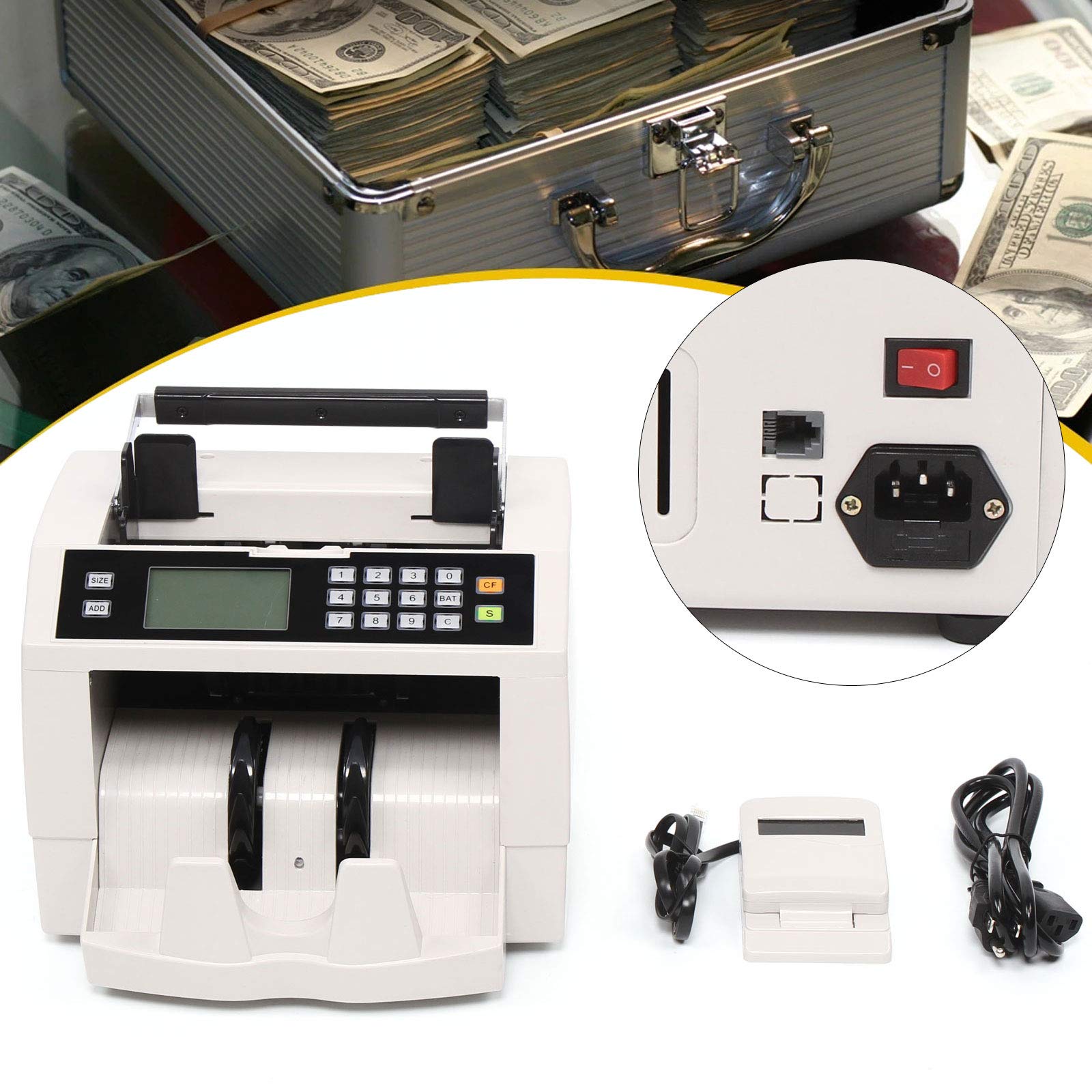 High-Speed Money Counter Machine with Counterfeit Detection - 110V, 100 Bill Capacity (0-9999 Count) for USD, EUR, GBP - LED Display Cash Counter for Banks, Retail Stores & Small Businesses
