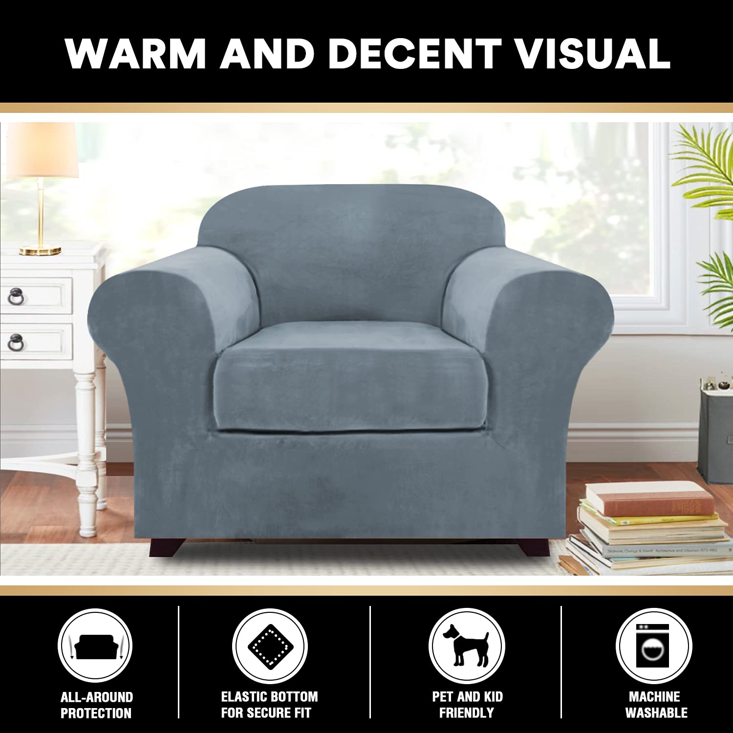 PrinceDeco Velvet Plush Stretch Sofa Cover 2-Piece Set - Washable Furniture Protector with Elastic Bottom, Fits Armchairs Up to 49