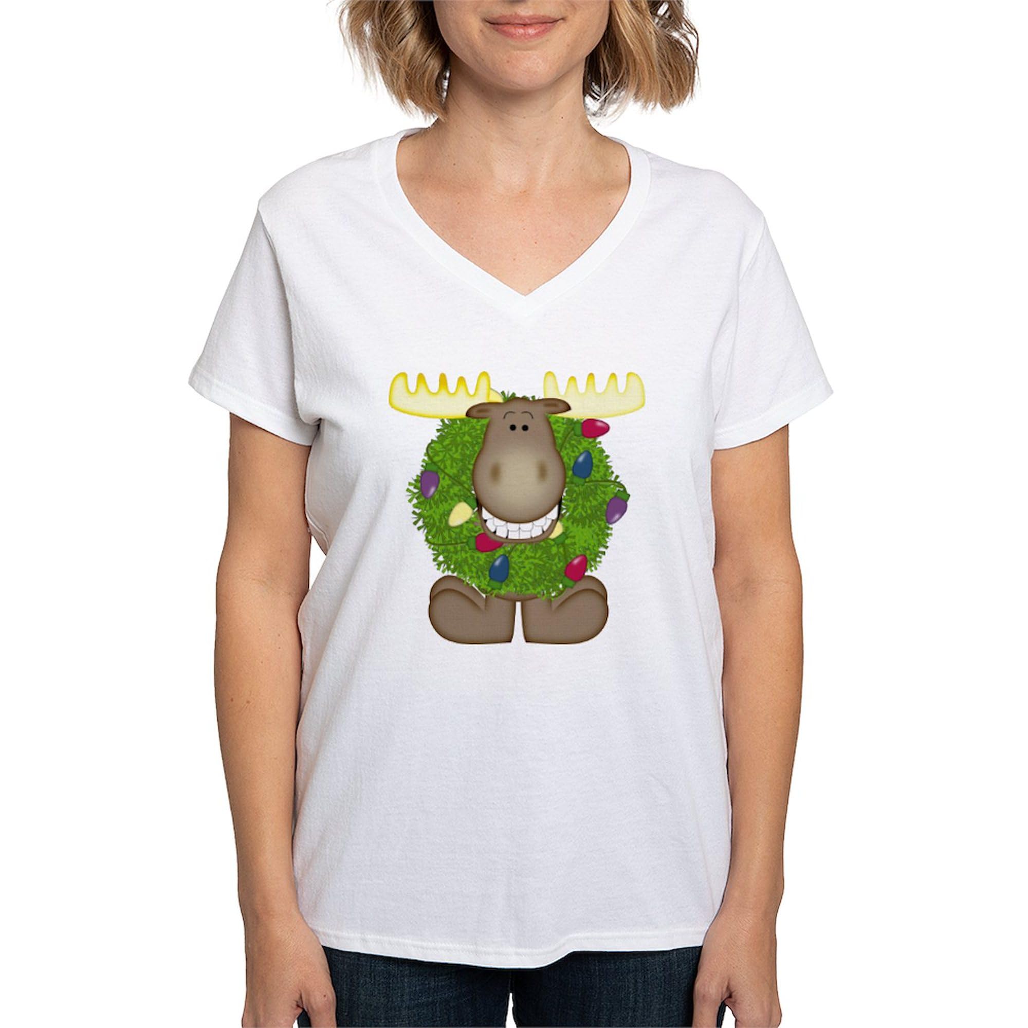 Merry Christmoose Women's V-Neck T-Shirt - Soft Cotton Christmas Holiday Tee for Women - Perfect for Holiday Parties & Family Gatherings