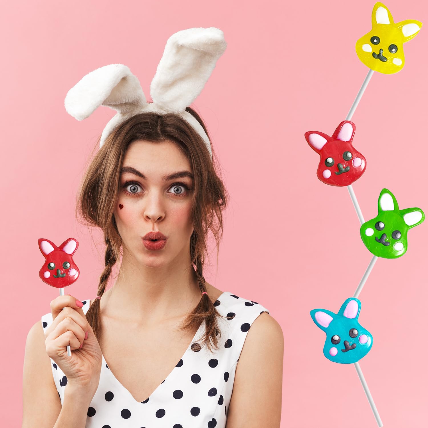 Happy Easter Bunny Lollipops 24-Pack - Colorful Easter Egg & Bunny Rabbit Shaped Suckers with Carrot Designs | Fat-Free, Individually Wrapped Candy | Perfect for Easter Baskets, Party Favors & Classroom Treats