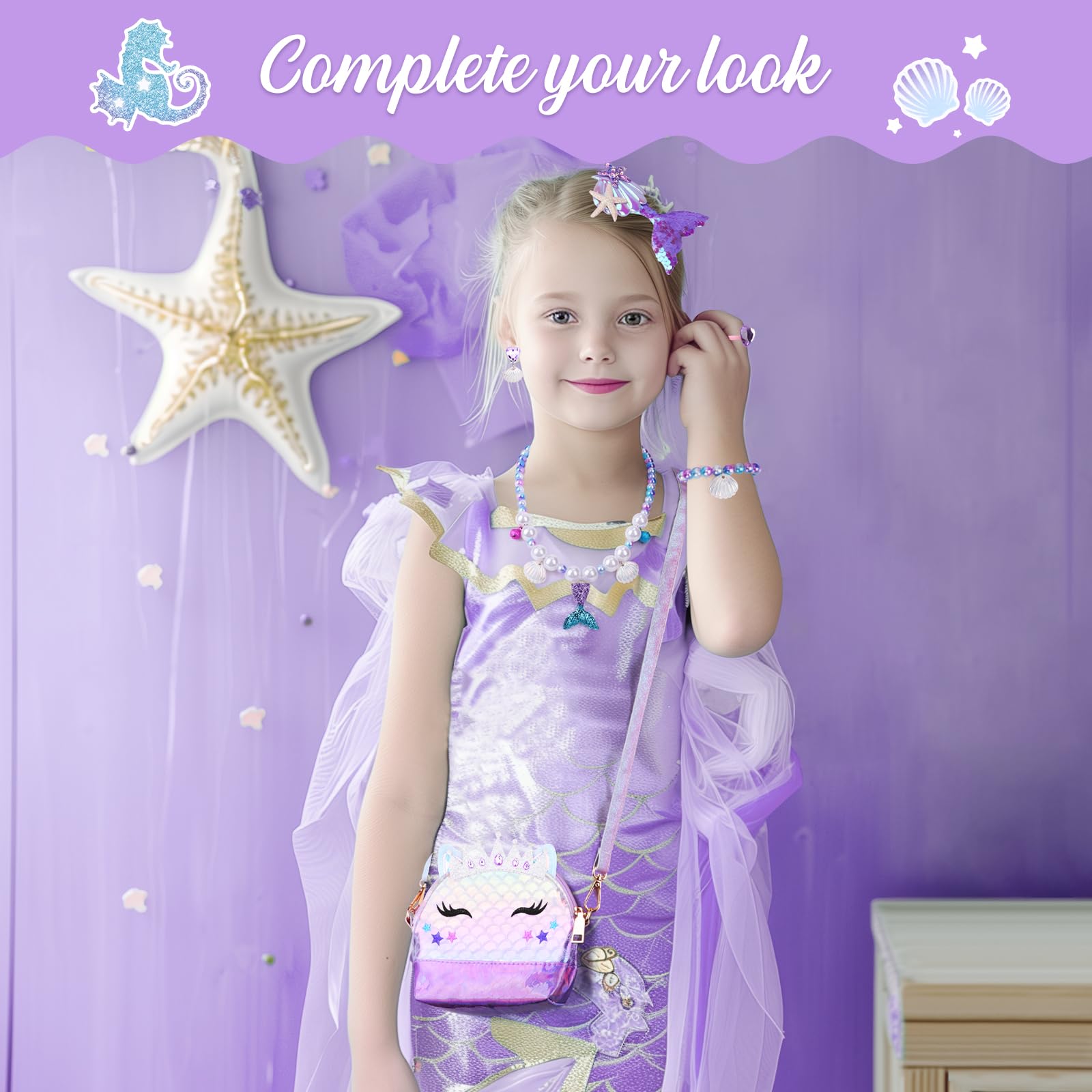 Belle&Birdie 6Pcs Little Girl Purse Set - Toddler Pretend Play Accessories with Dress Up Jewelry & Play Toys for Kids | Perfect for Birthday Gifts, Tea Parties & Dress-Up Games