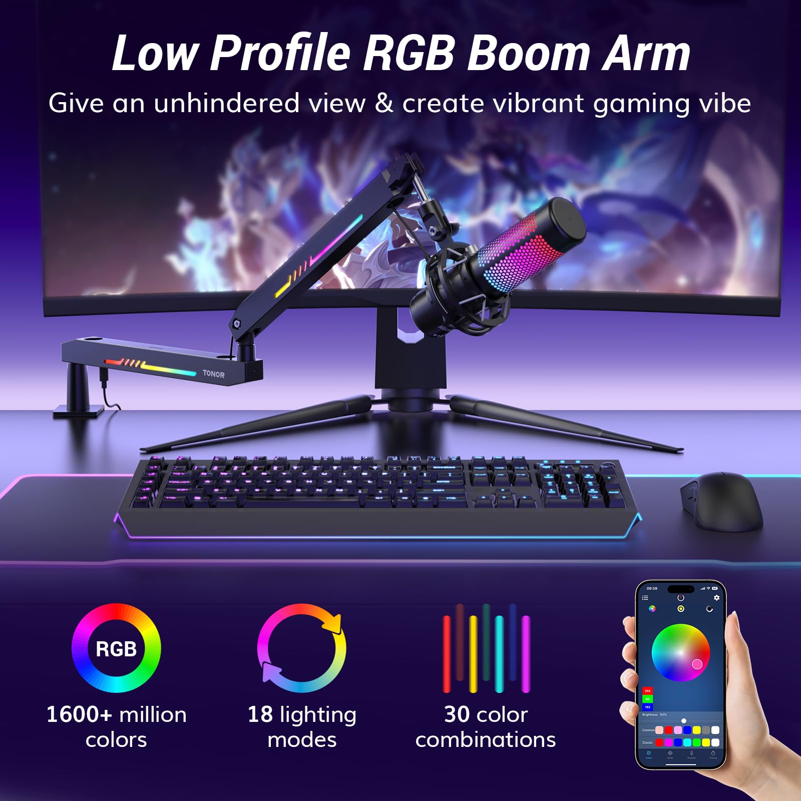 TONOR RGB Gaming Microphone Boom Arm - Adjustable Low Profile Mic Stand with RGB Lighting & Cable Management | Compatible with HyperX Quadcast, Blue Yeti | Perfect for Streaming, Podcasting & Home Studio Setup