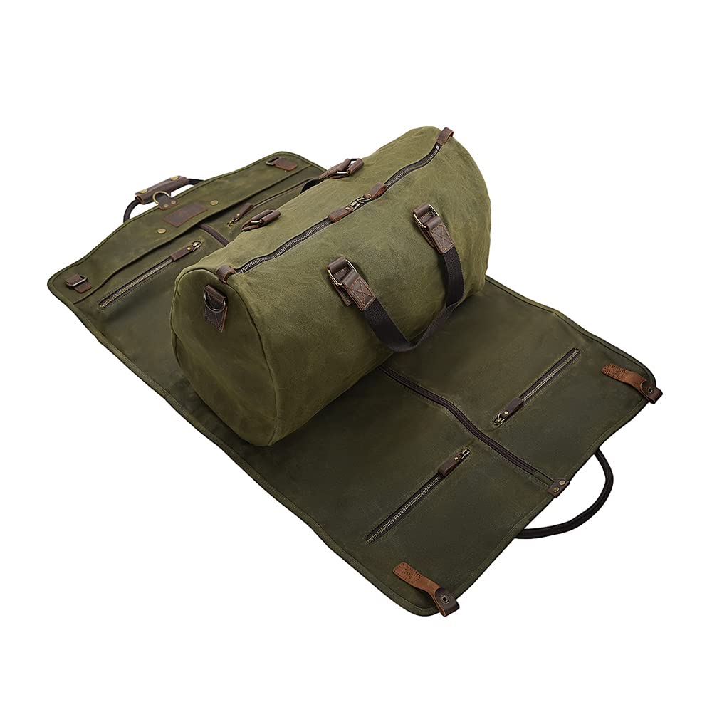 2 in 1 Canvas Leather Suit Luggage Garment Bag with Adjustable Shoulder Strap - Waxed Army Green Waterproof Travel Garment Bag for Business Trips, Weddings & Airplane Carry-On