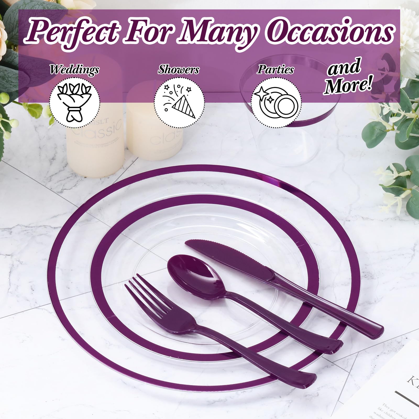 Roshtia 300-Piece Clear Plastic Dinnerware Set for 50 Guests - Disposable Plates, Cups, Cutlery (Knives, Forks, Spoons) for Birthday, Wedding & Party Events - Elegant Rim Design (Purple) - Perfect for Catering, BBQs, Picnics & Large Gatherings