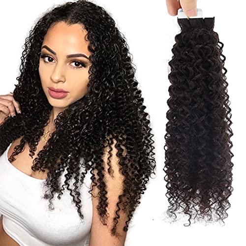 Kinky Curly Tape-in Hair Extensions 20inch 20pcs 50g - Natural Black Afro Human Hair Double Weft Glue-in Extensions for Women - Perfect for Parties, Weddings & Everyday Volume Boost