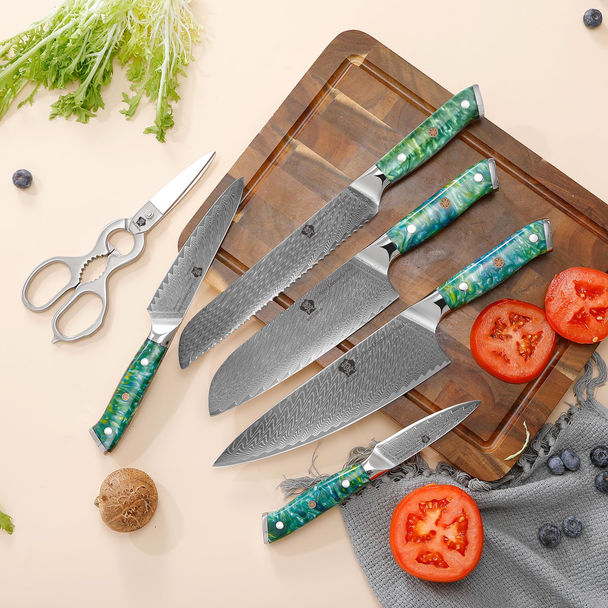 Premium Damascus Steel Kitchen Knife Set - 7-Piece Professional Chef Knives with Resin Handle & Wooden Block - Ultra Sharp Cutlery for Cooking, Slicing, Dicing - Perfect Gift for Home Chefs & Culinary Enthusiasts