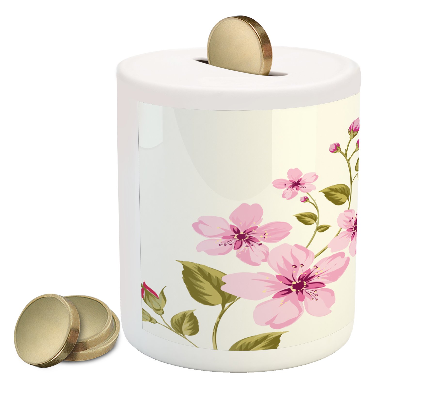 Ambesonne Ceramic Piggy Bank for Bridal Shower - Floral Lilac Design Money Box for Cash Savings (Pale Pink & Green) | Perfect Wedding Gift, Bachelorette Party Favor & Bride Celebration Keepsake