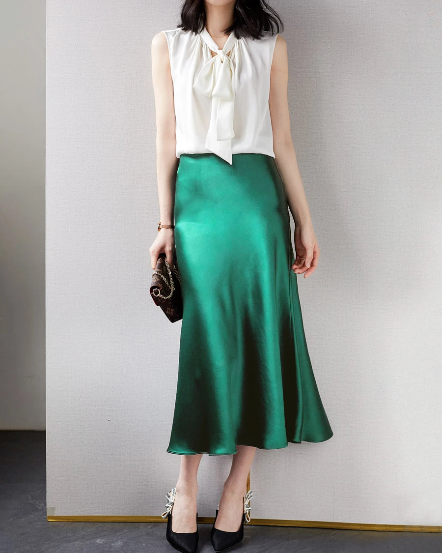 Elegant Silk Midi Skirts for Women - Stretchy Elastic Waistband, Flowy A-Line Design - Perfect for Office Wear, Date Nights & Special Occasions