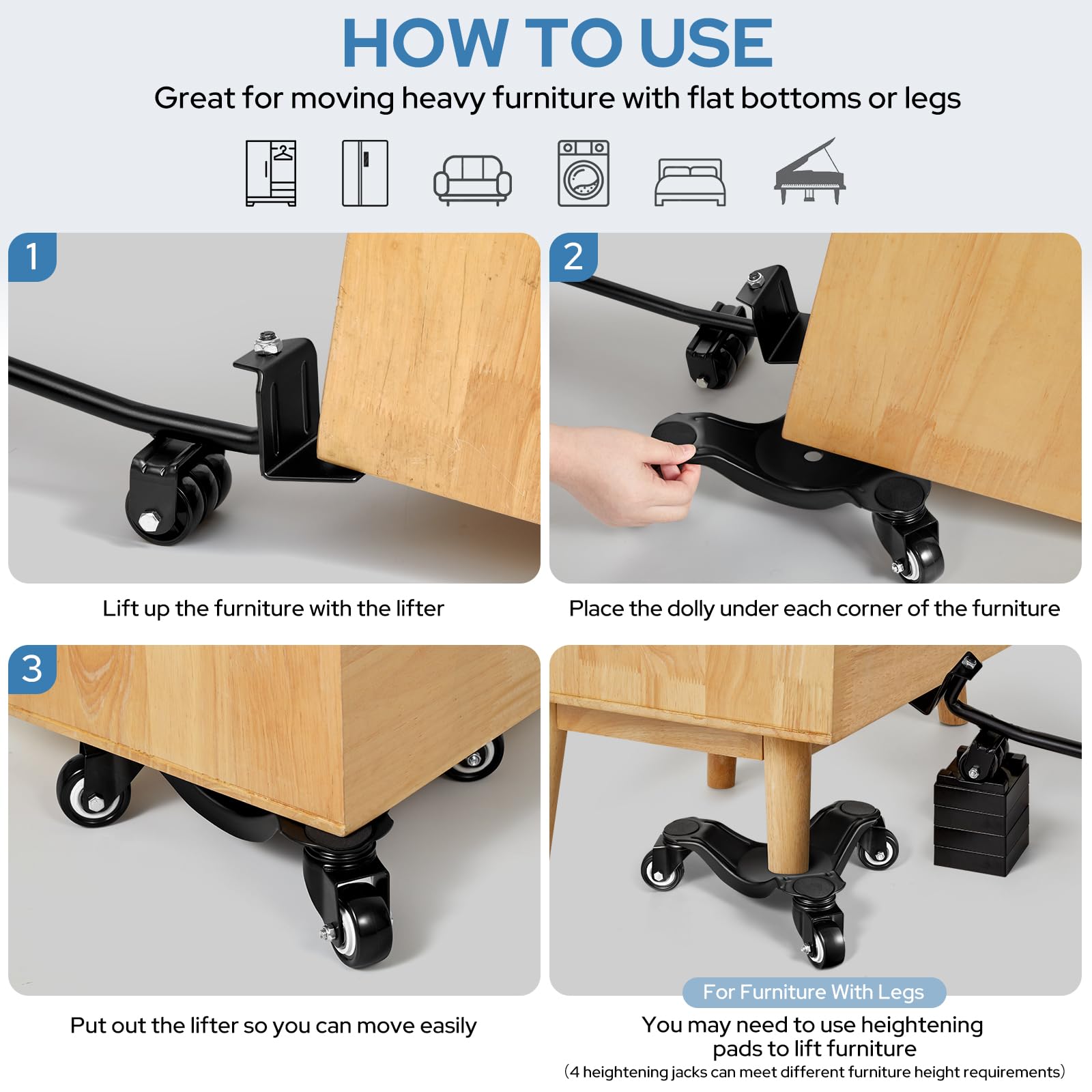KEDSUM Heavy Duty Furniture Dolly with Wheels - 1150 Lbs Capacity Moving Dolly Set with Lifter & Rollers, 10