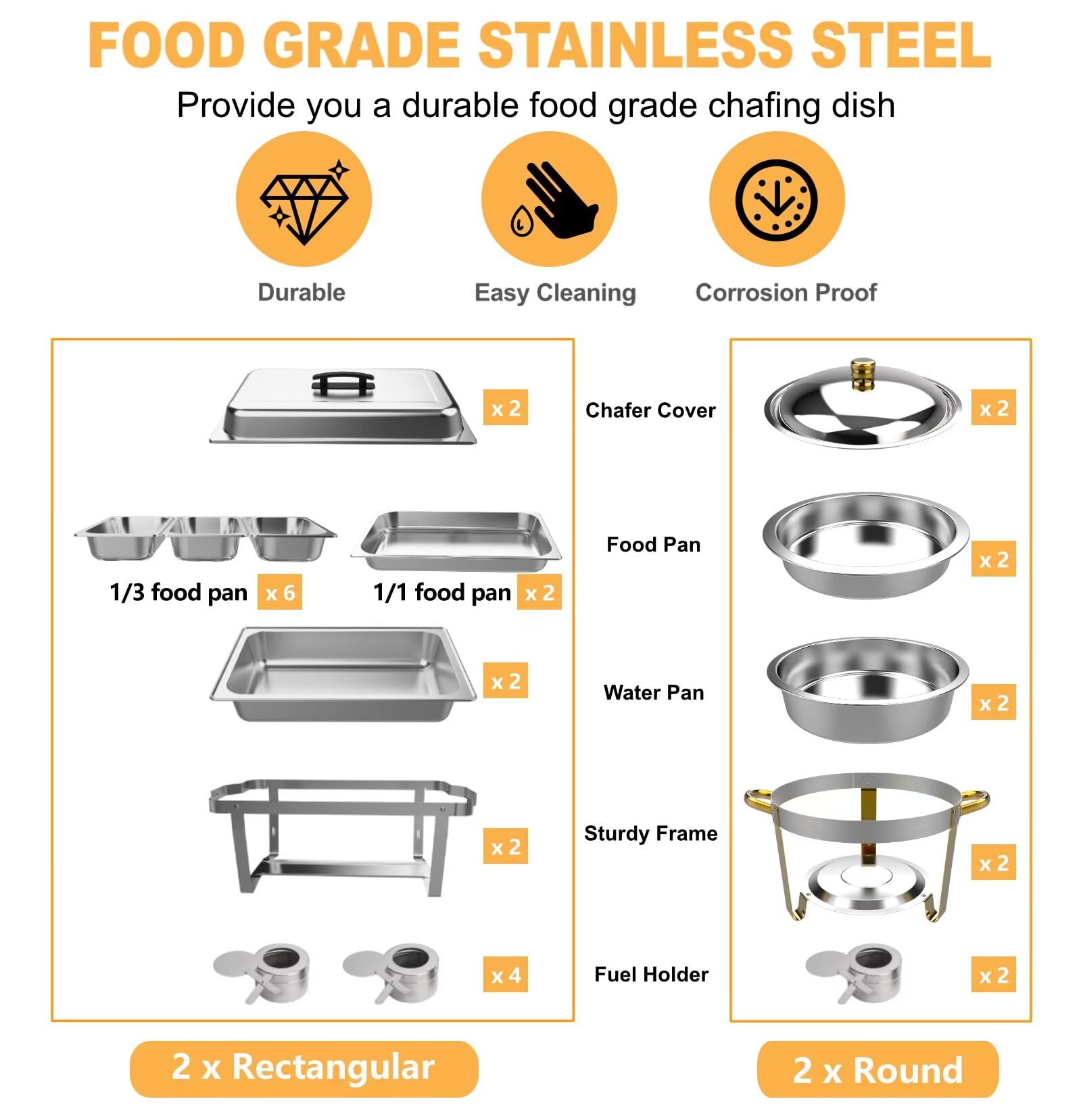 4 Pack Stainless Steel Chafing Dish Buffet Set - 5 QT Round & 8 QT Rectangular Food Warmers with Full, 1/3 Pans & Fuel Holder | Foldable Frame for Catering, Buffets, Weddings & Party Events | Commercial Grade Food Warmer for Restaurants & Banquets