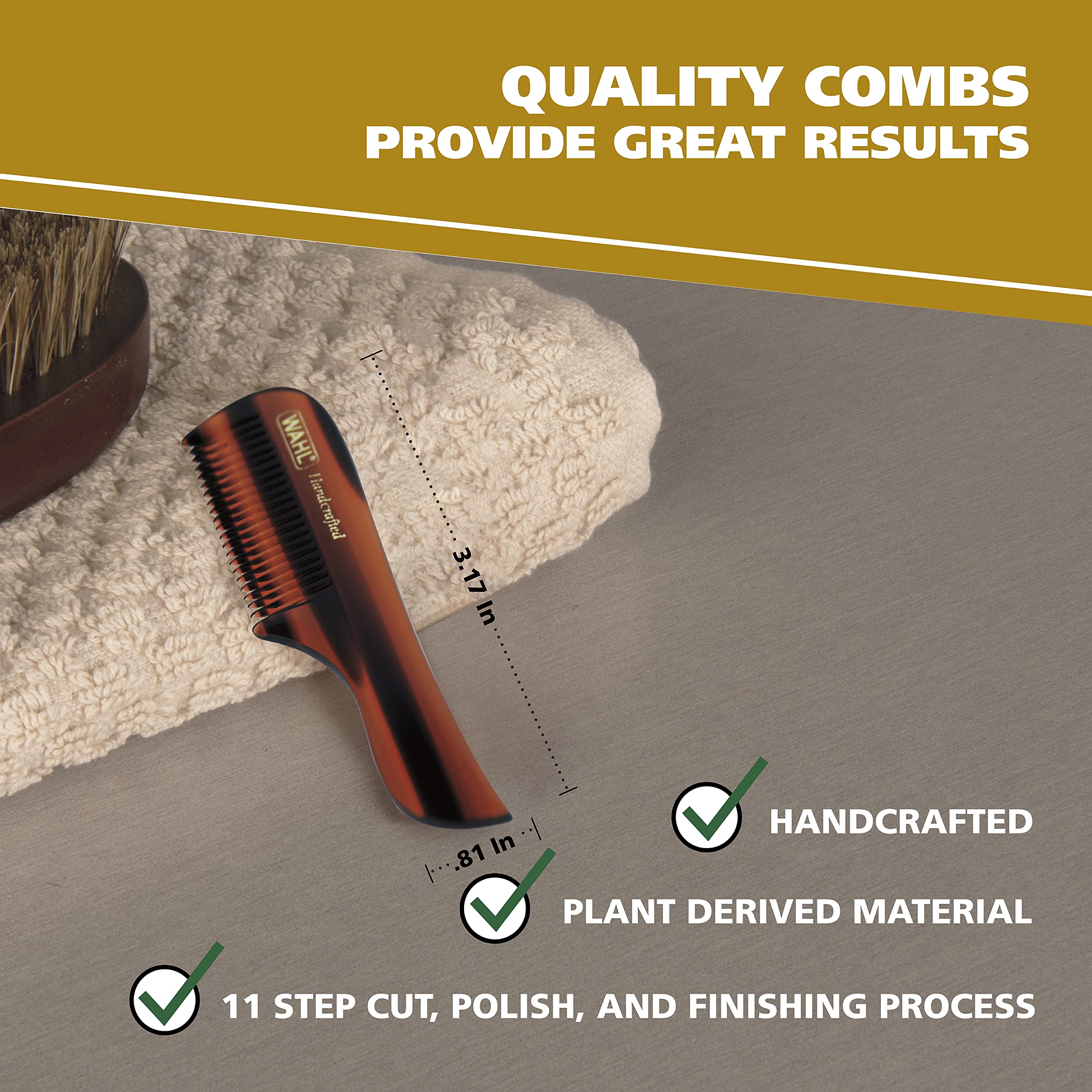 Wahl Model 3323 Brown Mustache Comb for Men - Handcrafted Cellulose Acetate Comb with Smooth Rounded Teeth - Perfect for Grooming, Styling & Maintaining Facial Hair - Ideal for Travel, Home & Barber Shop Use