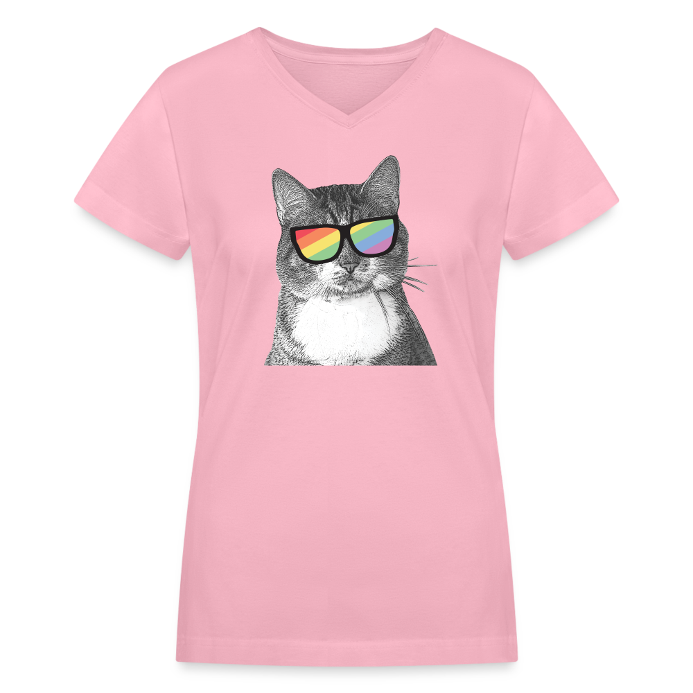 Pride Cat Contoured V-Neck T-Shirt for Women - LGBTQ+ Support Graphic Tee for Casual Wear & Pride Events