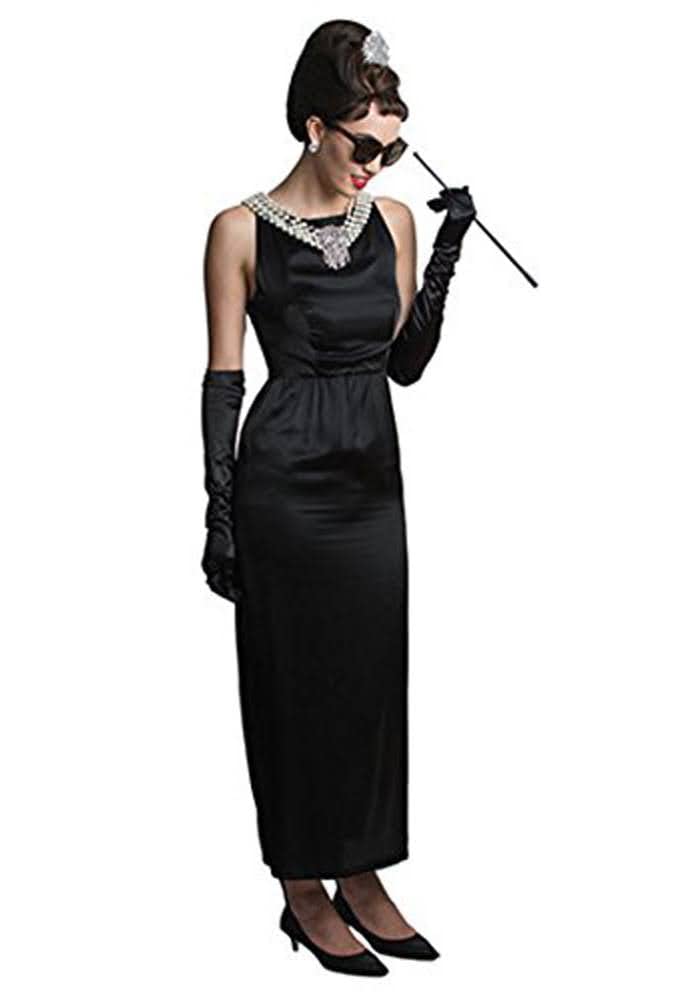 Audrey in a Bag Premium Iconic Black Dress Costume Set - Old Hollywood Inspired Elegant Evening Gown for Halloween, Cosplay, and Themed Parties