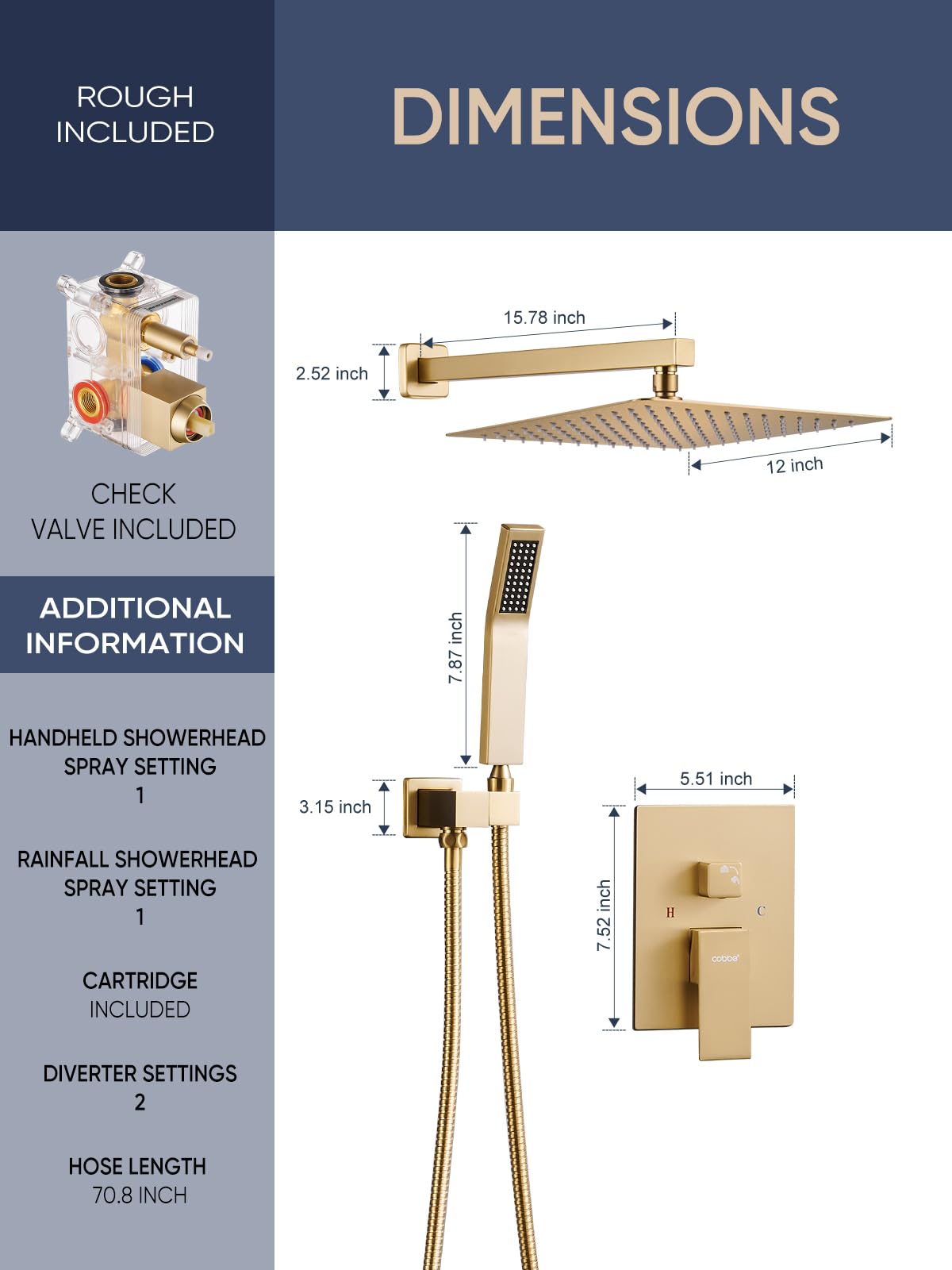 Cobbe 12-inch Rainfall Shower System with Handheld Spray - Complete Bathroom Shower Faucet Set Including Rough-in Valve Body & Trim - Perfect for Modern Home Renovation and Spa-Like Shower Experience