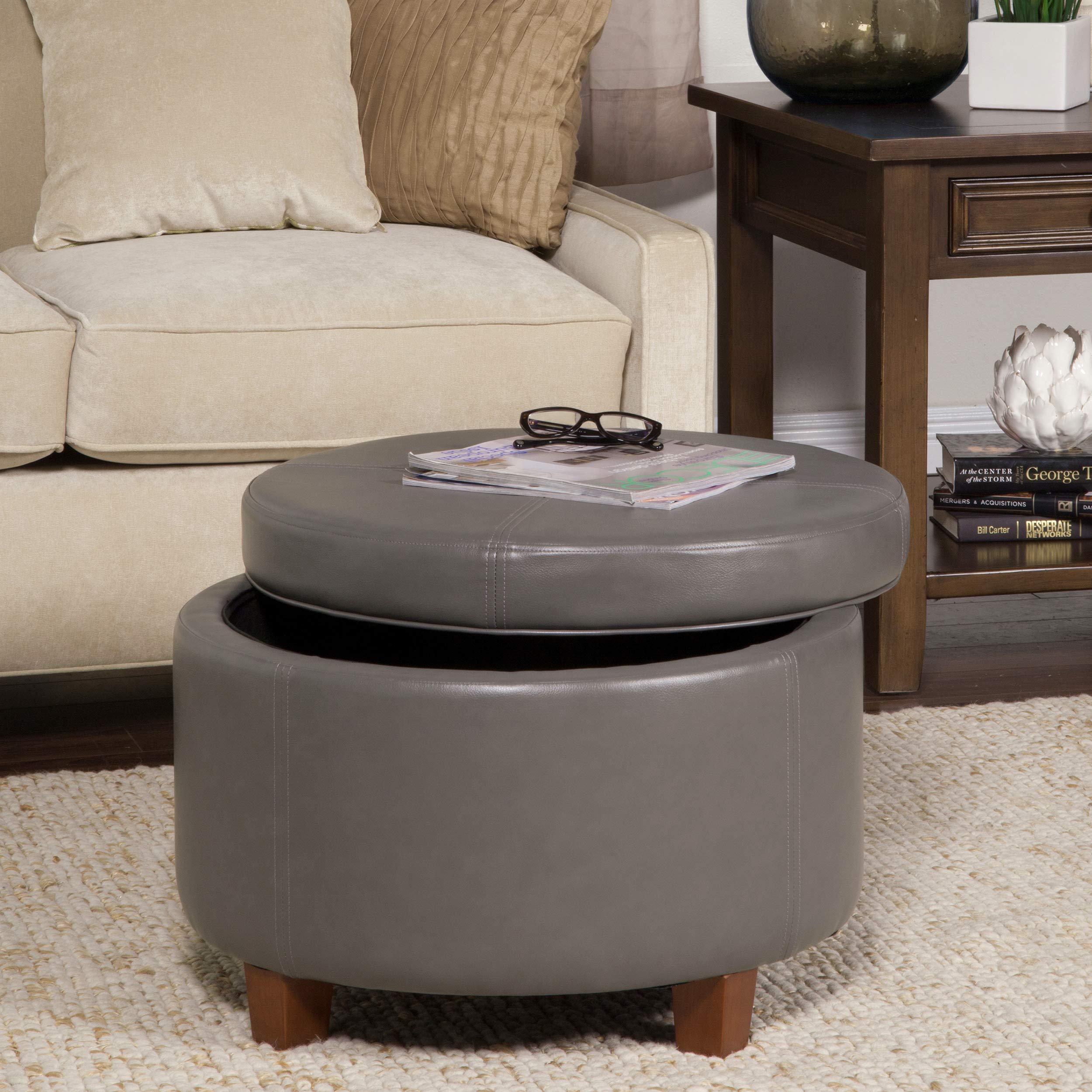 HomePop Large Round Leatherette Storage Ottoman with Lift-Top Lid - Charcoal Grey | Footrest, Coffee Table & Hidden Storage for Living Room, Bedroom & Office