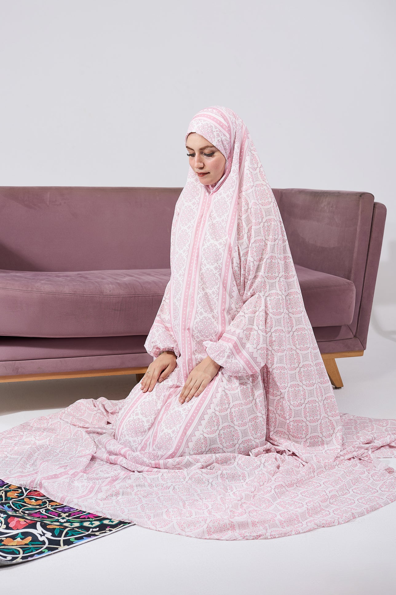 Aaliyah Blush Satin Prayer Gown with Intricate Floral Embroidery - Elegant Islamic Prayer Dress for Women, Modest Nightgown & Special Occasion Wear