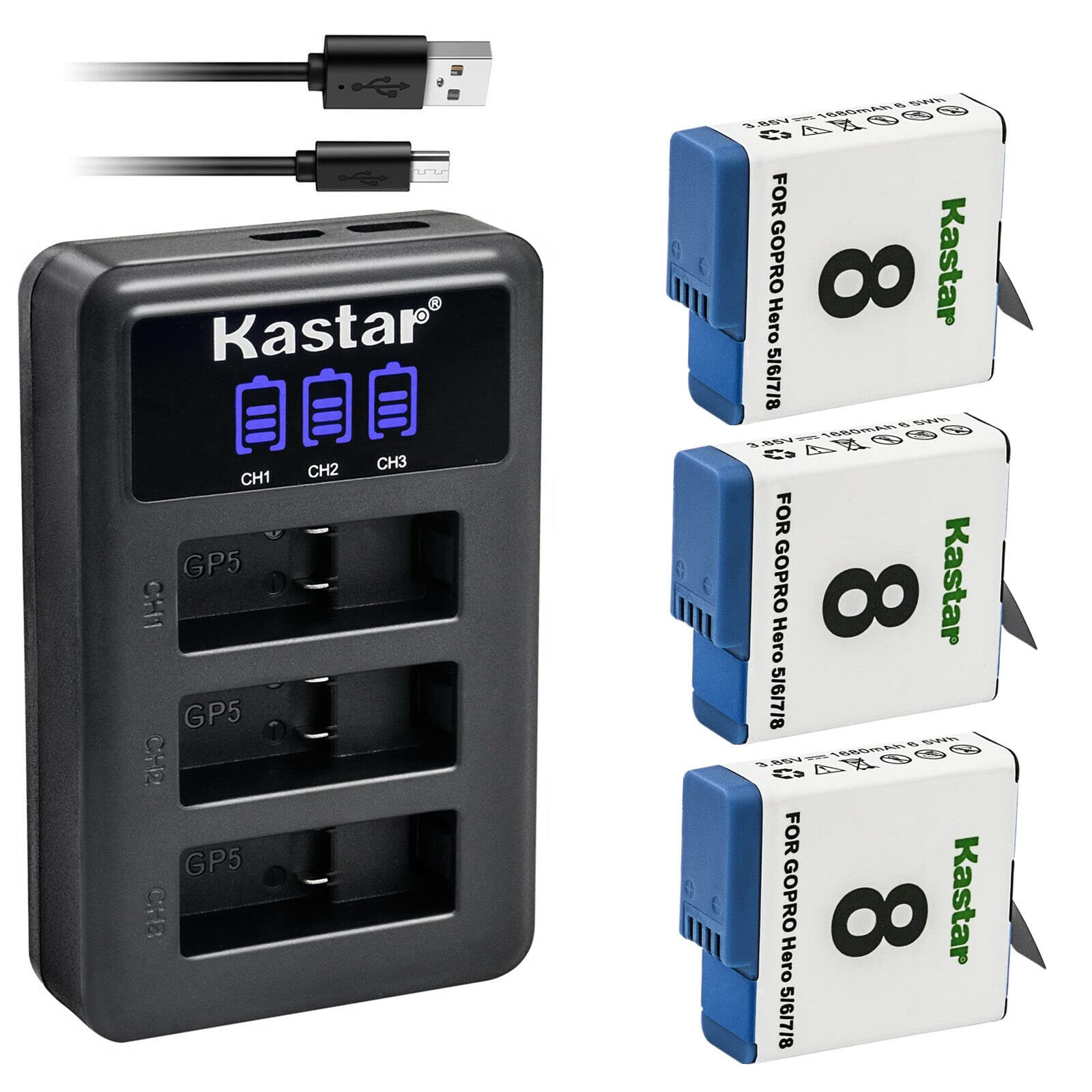 Kastar 3-Pack Replacement Batteries & LCD Triple USB Charger for GoPro Hero 5/6/7/8 Action Cameras - Perfect for Travel, Vlogging, and Outdoor Adventures