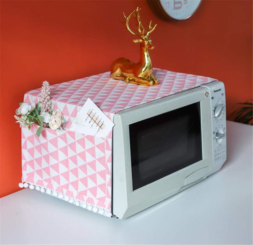 Microwave Oven Cover - Dustproof & Oil Resistant Cotton Linen Kitchen Appliance Protector with Storage Pockets (Pink Triangle) - Perfect for Microwave, Toaster & Small Appliance Protection
