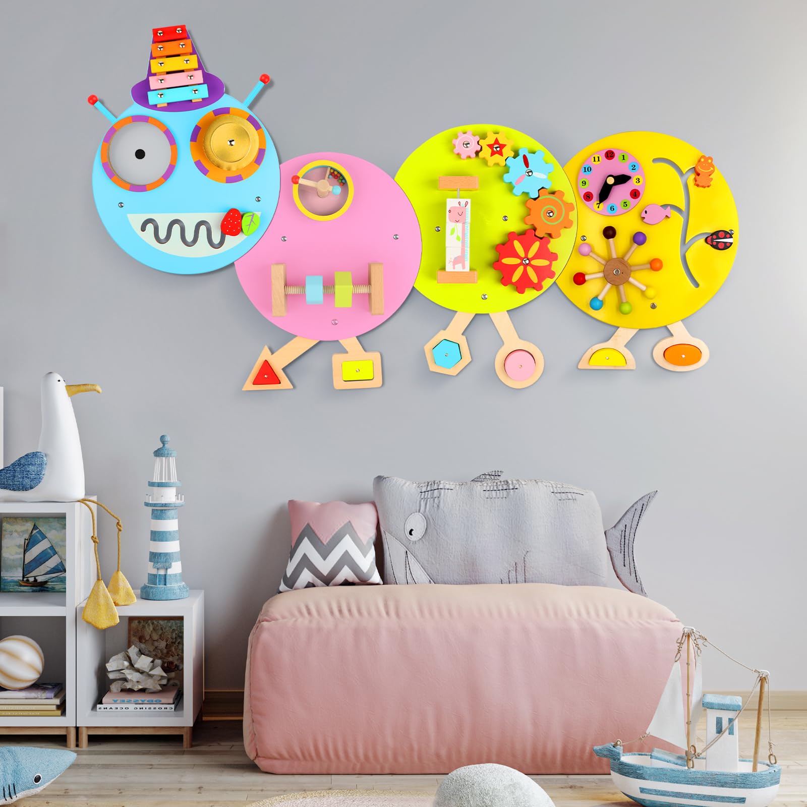 Caterpillar Sensory Wall Toy for Toddlers - 12-Activity Montessori Busy Board, Wall-Mounted Educational Toy for Daycares & Bedrooms - Perfect for Sensory Play & Early Learning