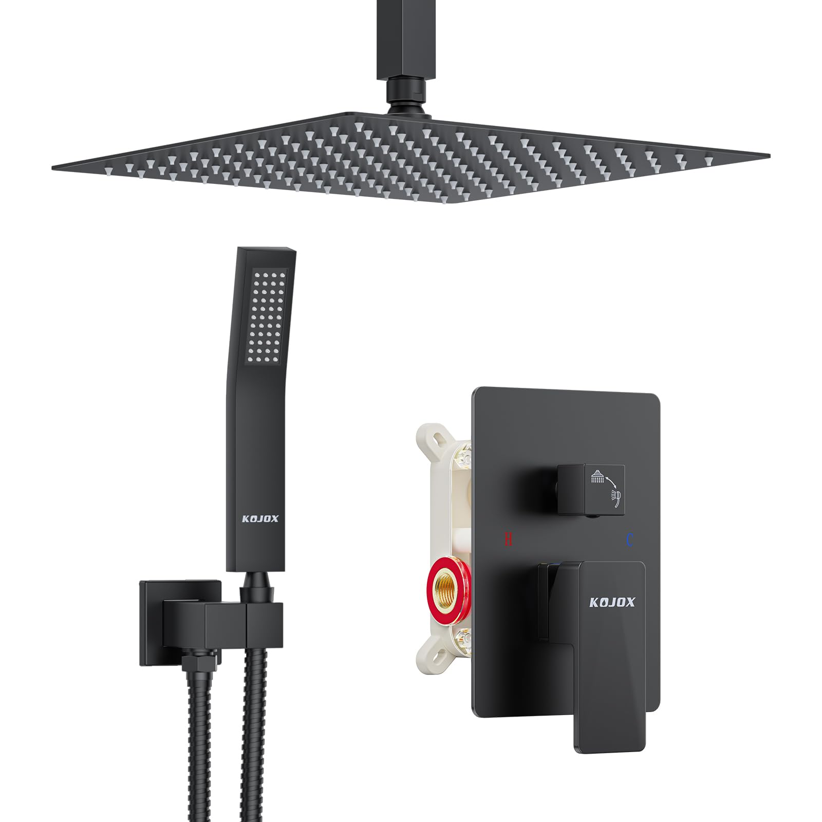 Matte Black Ceiling Mounted Shower System - 12 Inch Rainfall Showerhead & Handheld Spray - Complete Bathroom Shower Faucet Set with Mixer Valve - Perfect for Modern Spa-Like Showers and Luxurious Bathroom Upgrades