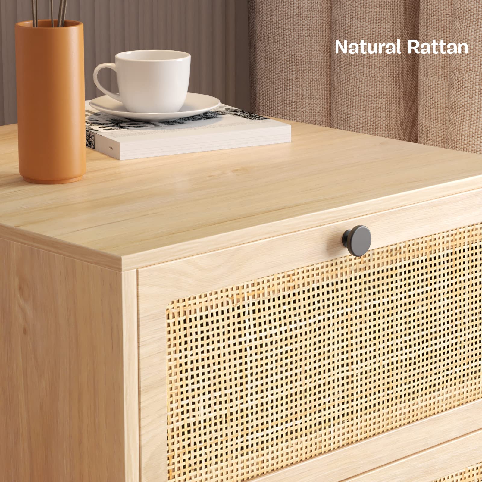 Rattan Nightstand Set of 2 - Boho Bedside Tables with Natural Woven Drawers, Modern Farmhouse Night Stand for Bedroom & Living Room, Natural Finish with Sturdy Metal Legs | Perfect for Cozy Bedrooms, Guest Rooms & Boho-Chic Home Decor