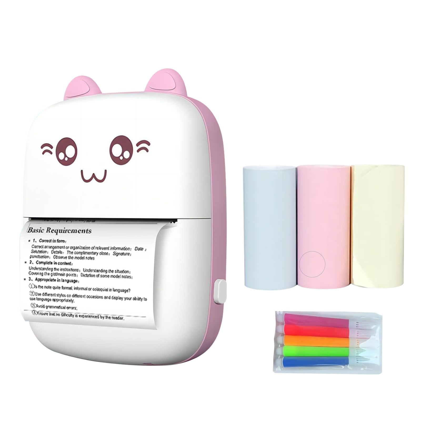 RAUWIZX Portable Bluetooth Thermal Printer for Kids - Print Pictures, Vintage Photos & Memos from Android/iOS Smartphones - Includes 3 Rolls Color Paper & 5 Pens - Perfect Gift for Children, Home & School Use (Pink)