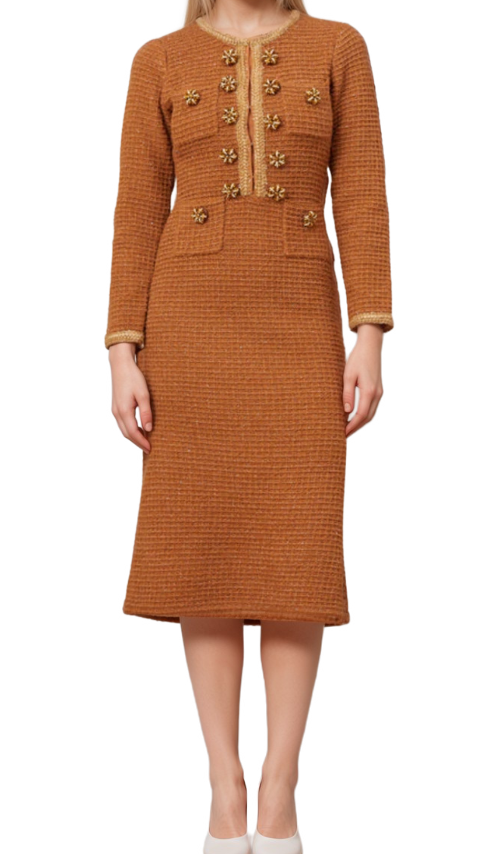 Amelia Braided Edge Tweed Midi Dress in Brown - Elegant Fall Outfit for Women, Perfect for Office, Parties & Date Nights